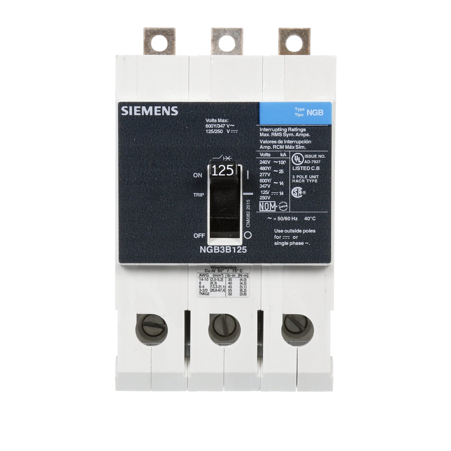 Siemens NGB3B125B Molded Case Circuit Breaker | 600V 125A 3P 25kA@480V Bolt-On VL Series