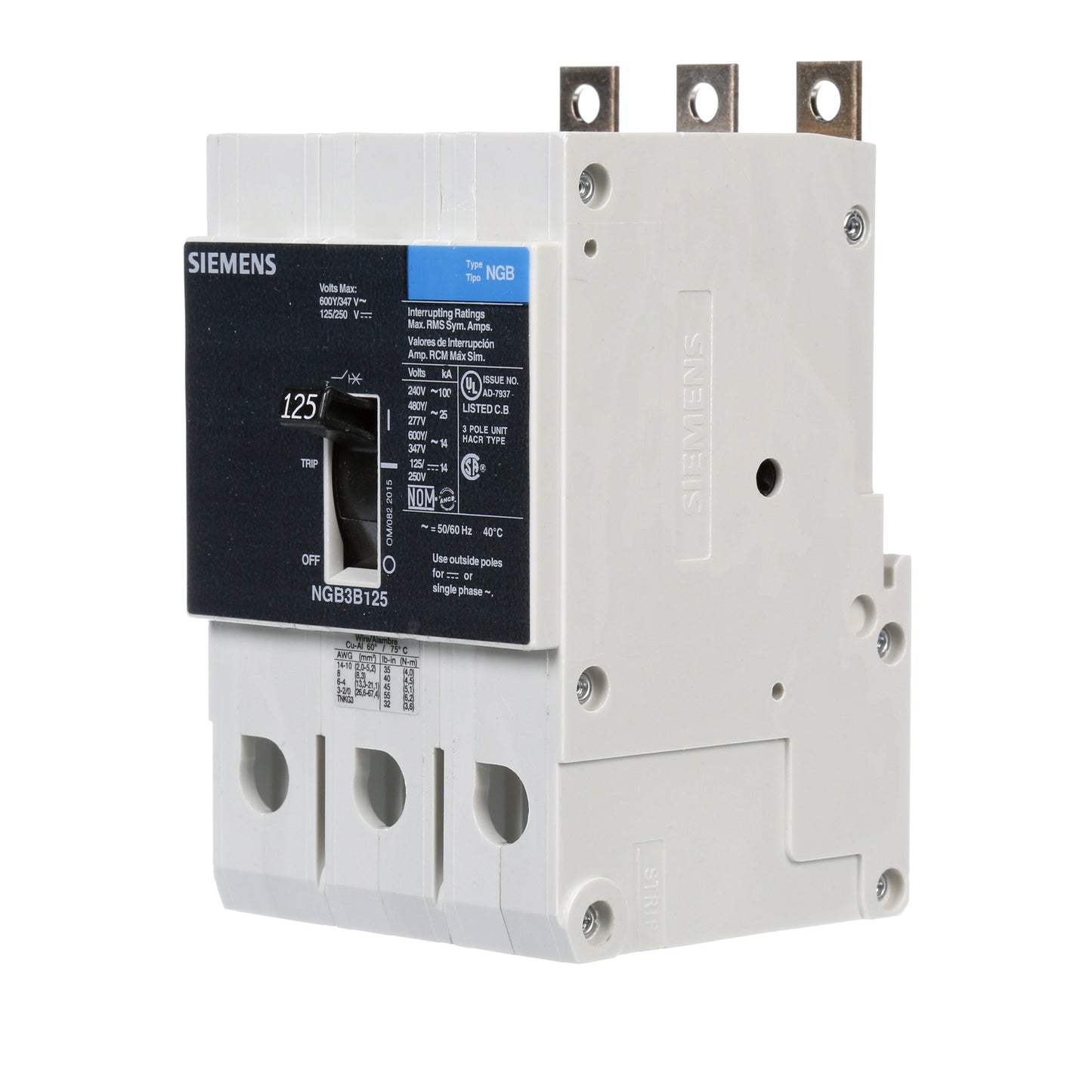 Siemens NGB3B125B Molded Case Circuit Breaker | 600V 125A 3P 25kA@480V Bolt-On VL Series