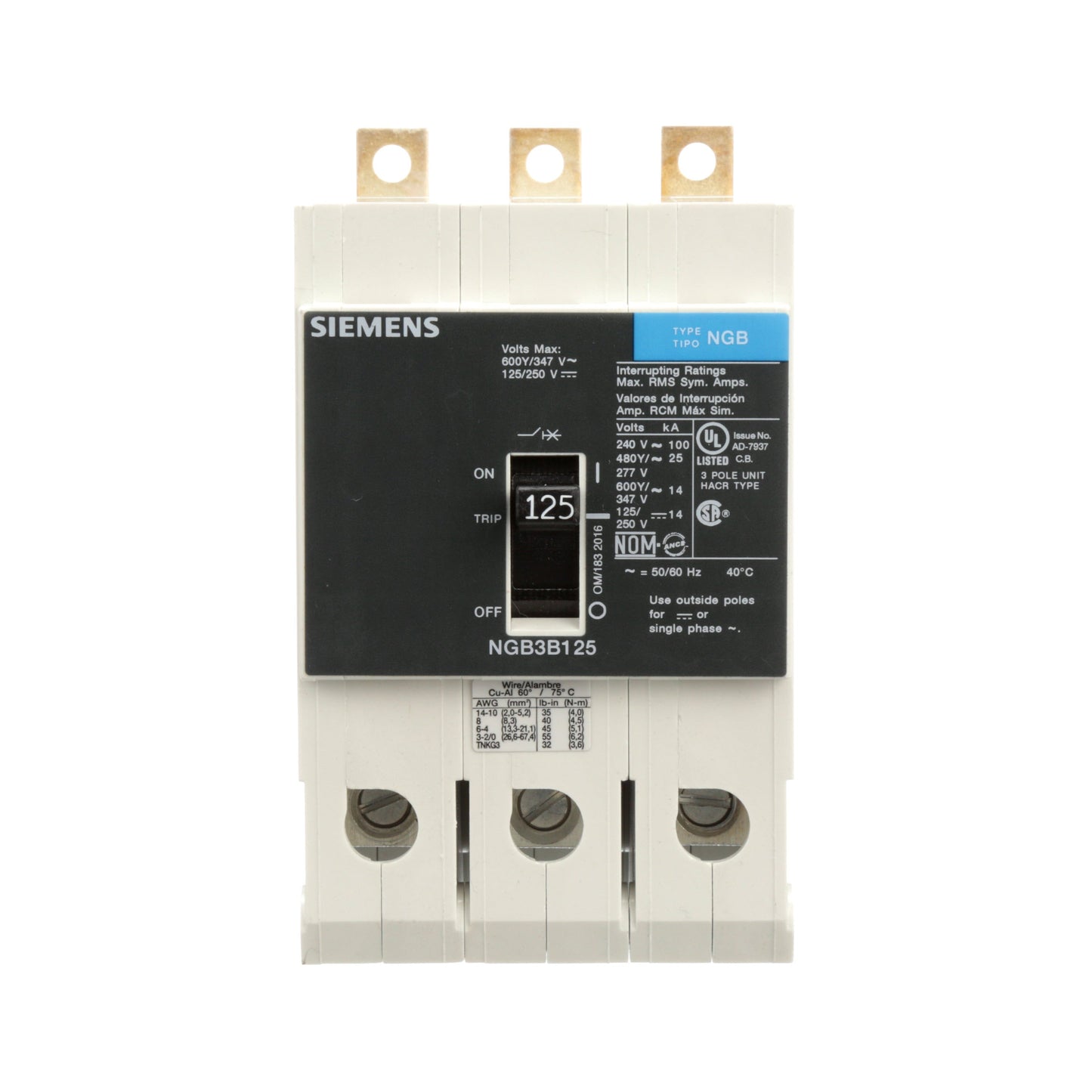 Siemens NGB3B125V Circuit Breaker | 600V 125A 3P 25kA@480V Bolt-On VL Series