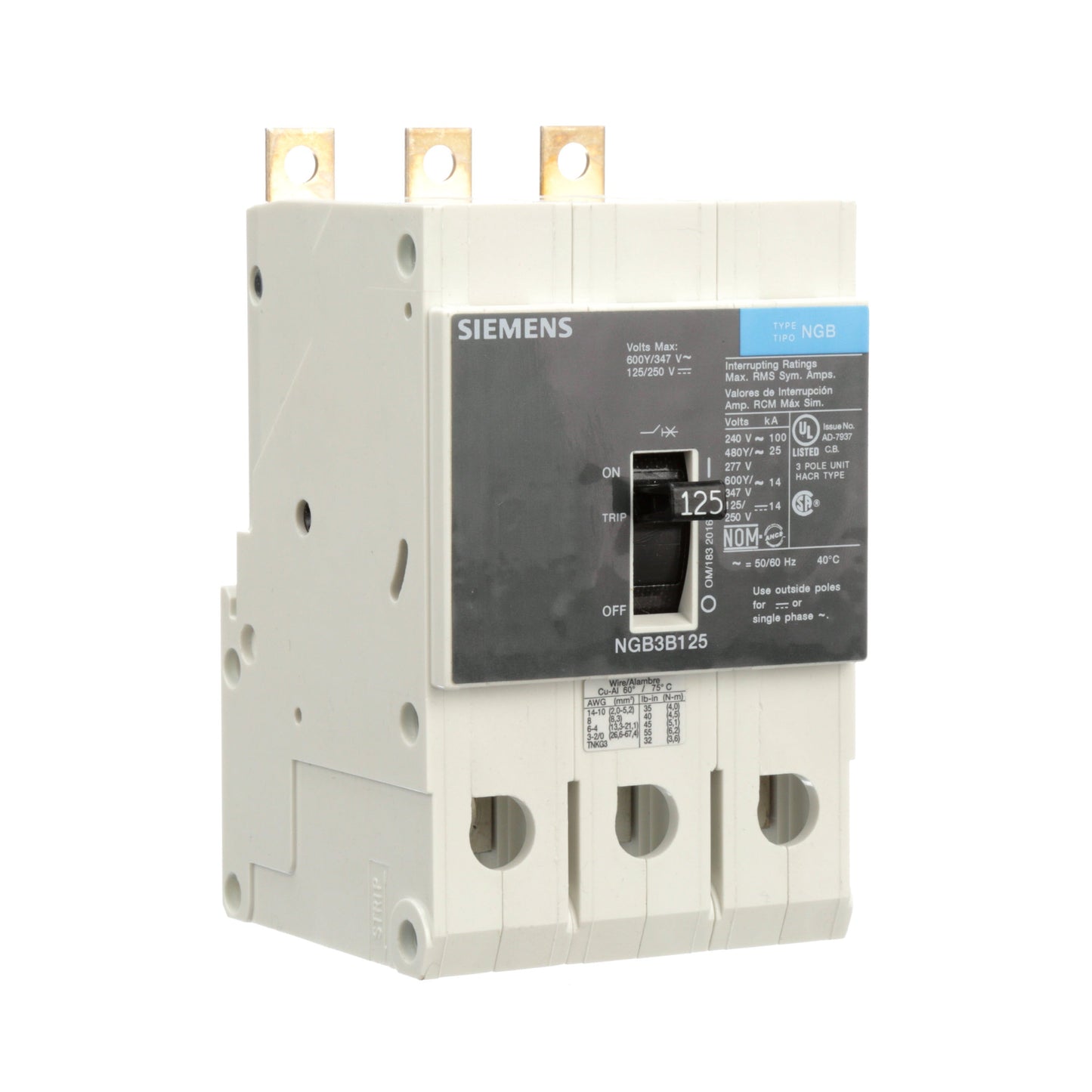 Siemens NGB3B125V Circuit Breaker | 600V 125A 3P 25kA@480V Bolt-On VL Series