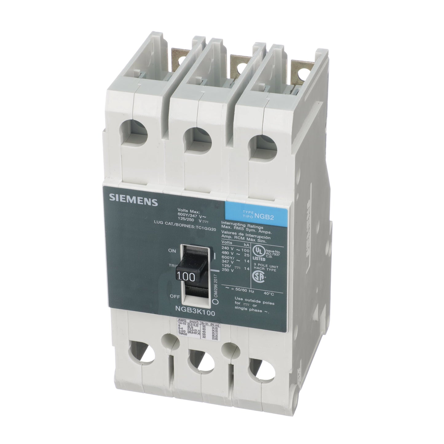 Siemens NGB3K100B Circuit Breaker | 600V 100A 3P 25kA@480V Bolt-On GB2 Series
