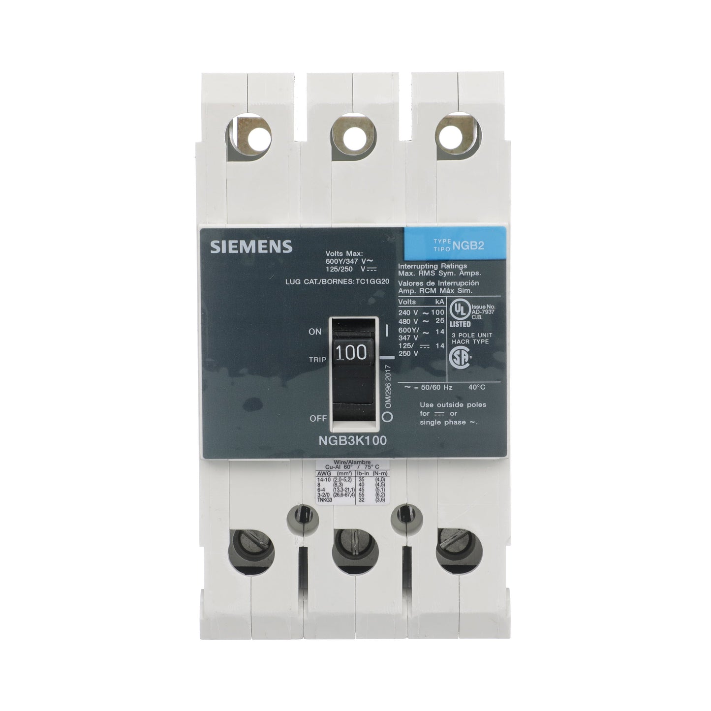 Siemens NGB3K100B Circuit Breaker | 600V 100A 3P 25kA@480V Bolt-On GB2 Series