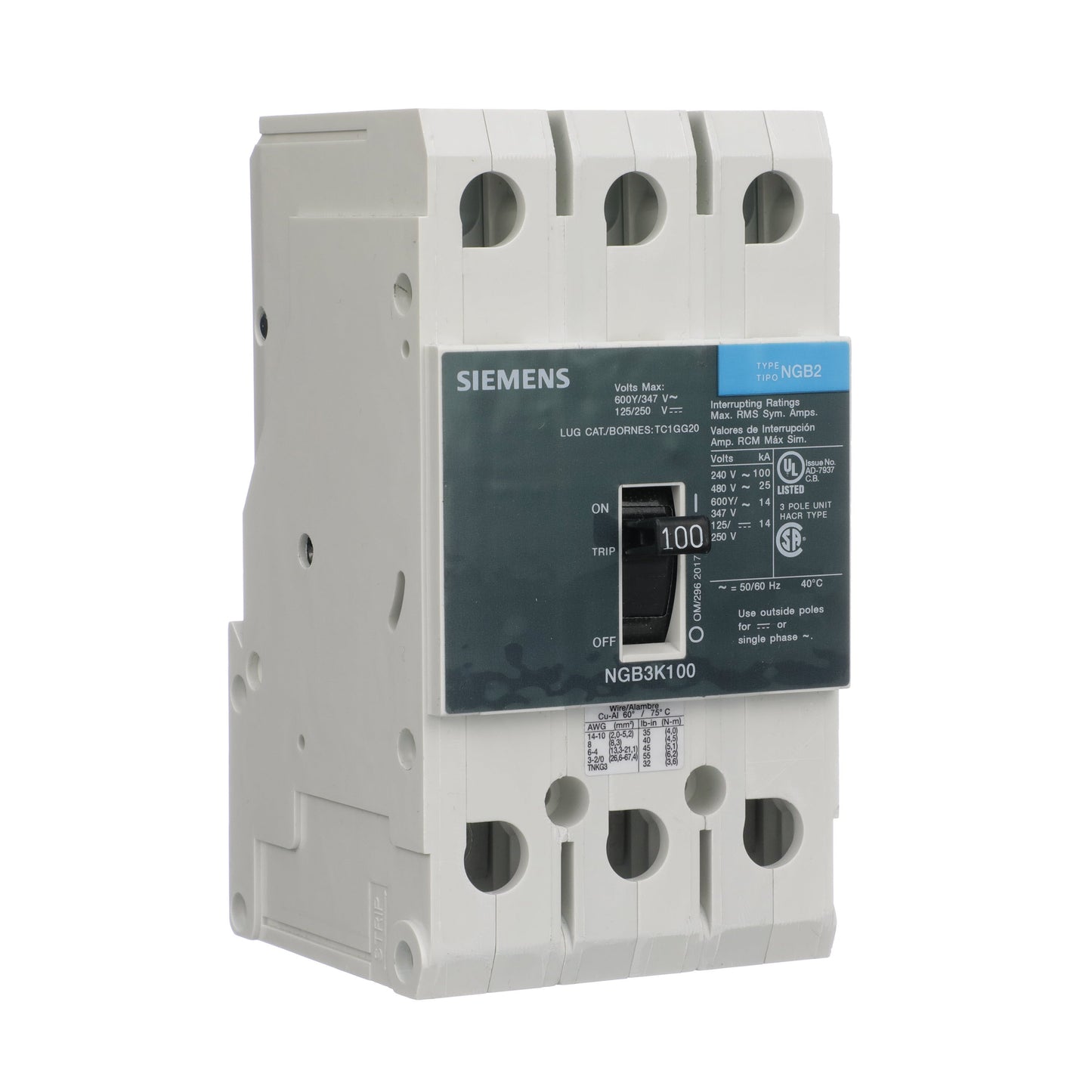 Siemens NGB3K100B Circuit Breaker | 600V 100A 3P 25kA@480V Bolt-On GB2 Series