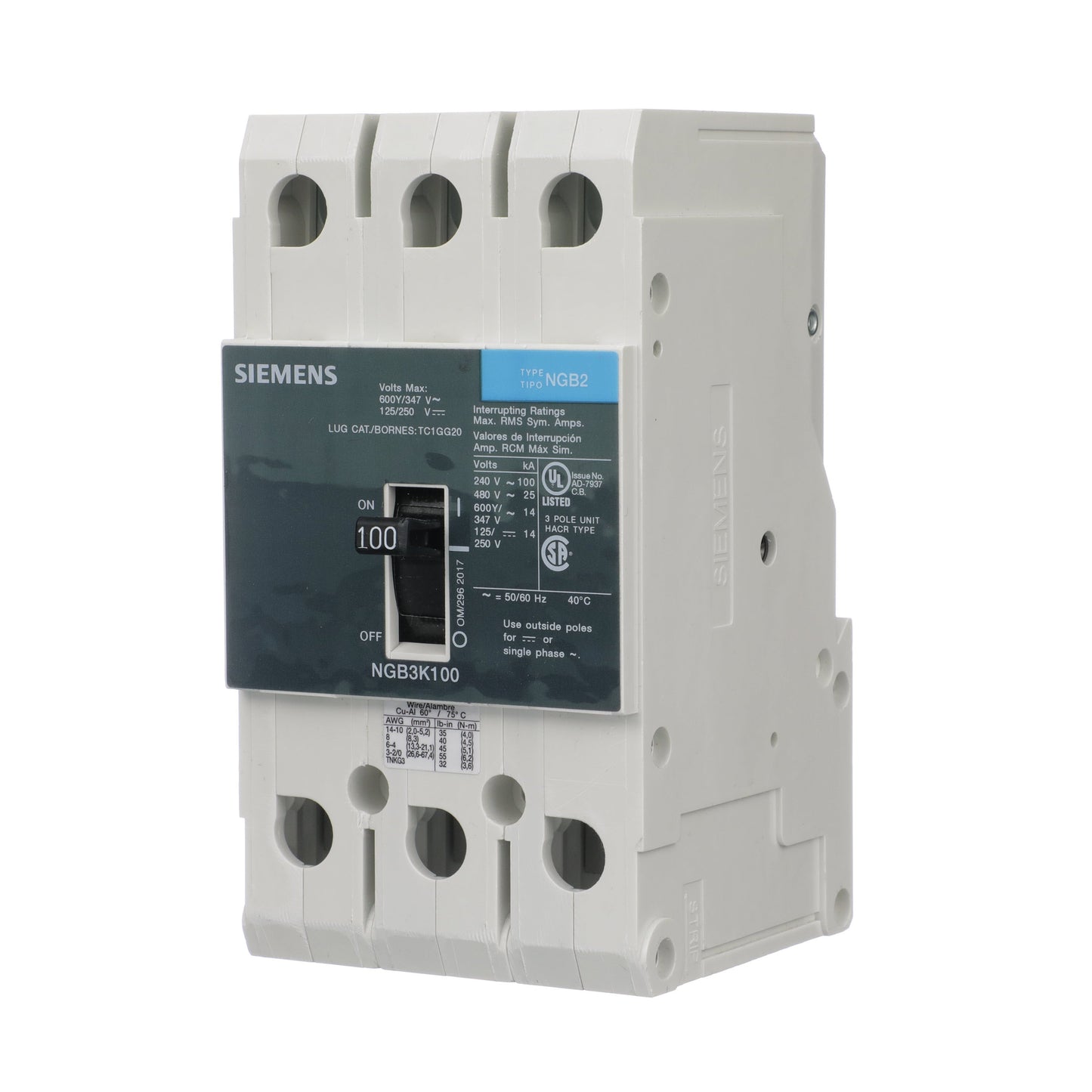 Siemens NGB3K100B Circuit Breaker | 600V 100A 3P 25kA@480V Bolt-On GB2 Series