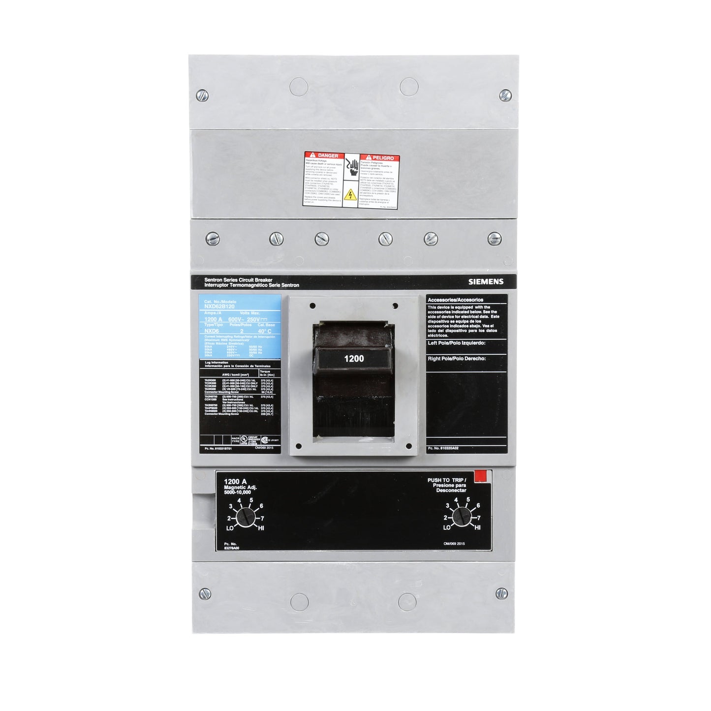 Siemens NXD62B120 Circuit Breaker | 600V 1200A 2P 50kA@480V Bolt-On Sentron Series