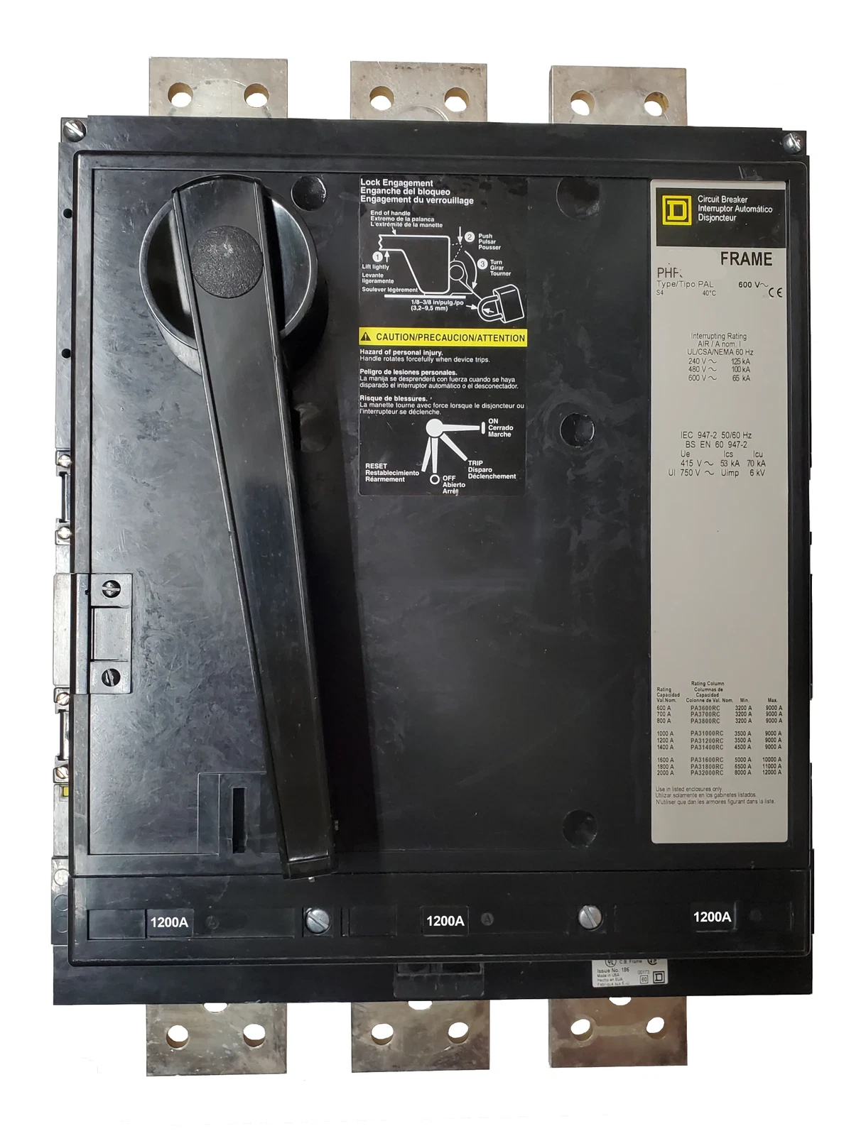 Square D PHF2536-1200A Molded Case Circuit Breaker | 600V 1200A 3P 65kA@600V Bolt-On PHF Series