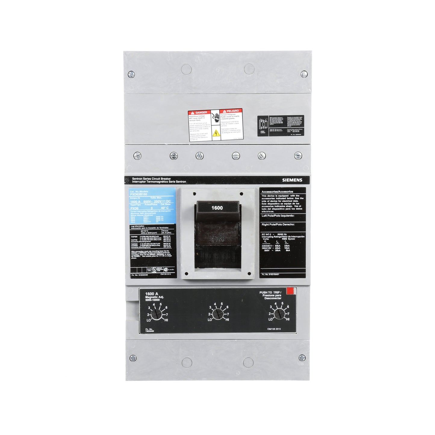 Siemens PXD63B160 Molded Case Circuit Breaker | 600V 1600A 3P 50kA@480V Bolt-On Sentron Series