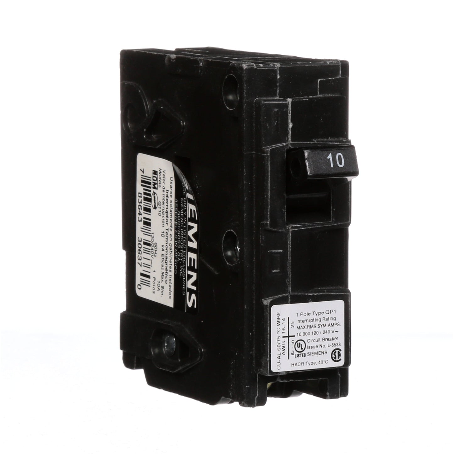 Siemens Q110 Circuit Breaker | 120V 10A 1P 10kA@120V Plug-In Q Series