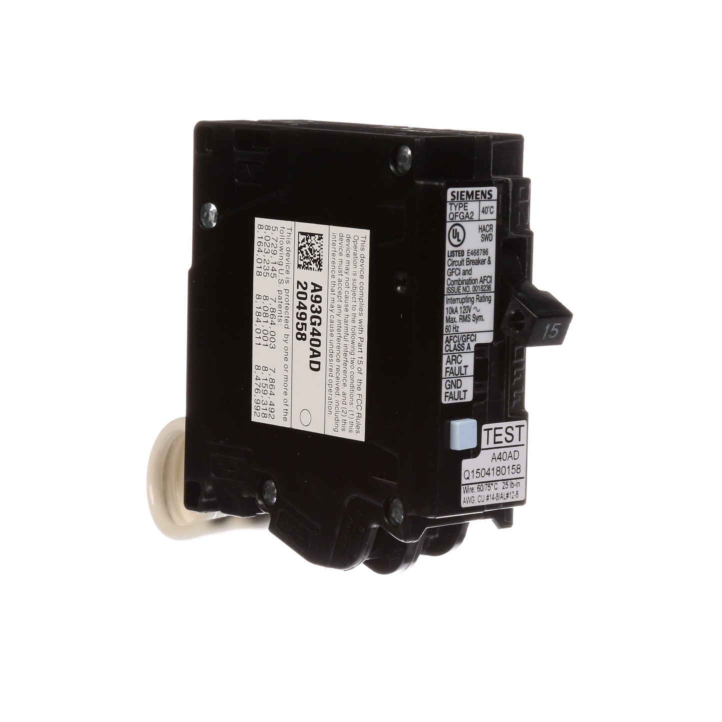 Siemens Q115DF Circuit Breaker | 120V 15A 1P 10kA@120V Plug-In Q Series