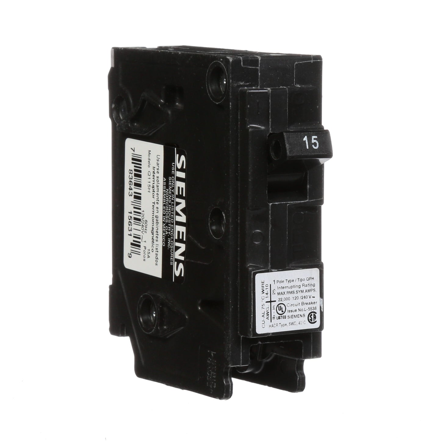 Siemens Q115H Circuit Breaker | 120V 15A 1P 22kA@120V Plug-In Q Series