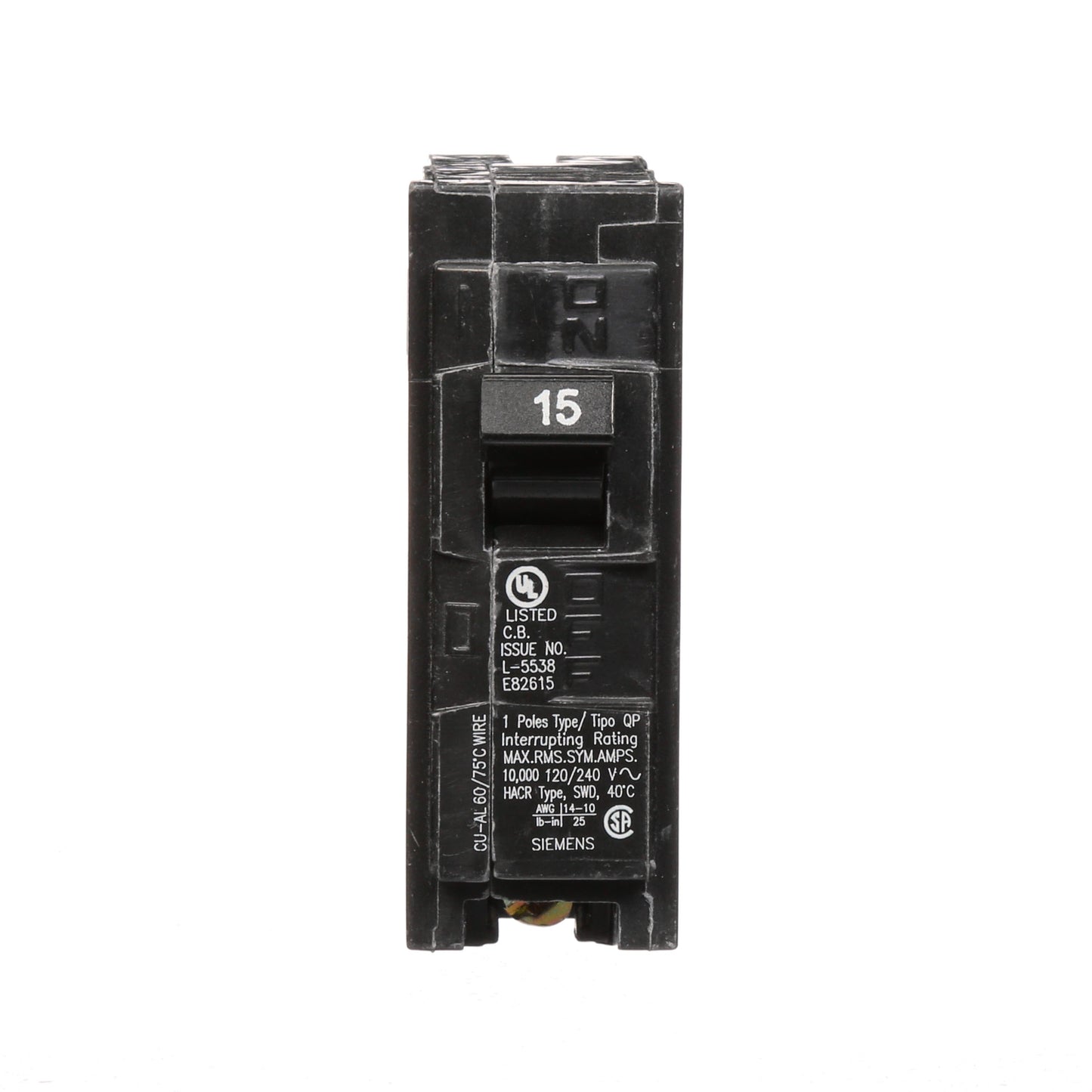 Siemens Q115 Circuit Breaker | 120VAC 15A 1P 10kA@120V Plug-In Q Series