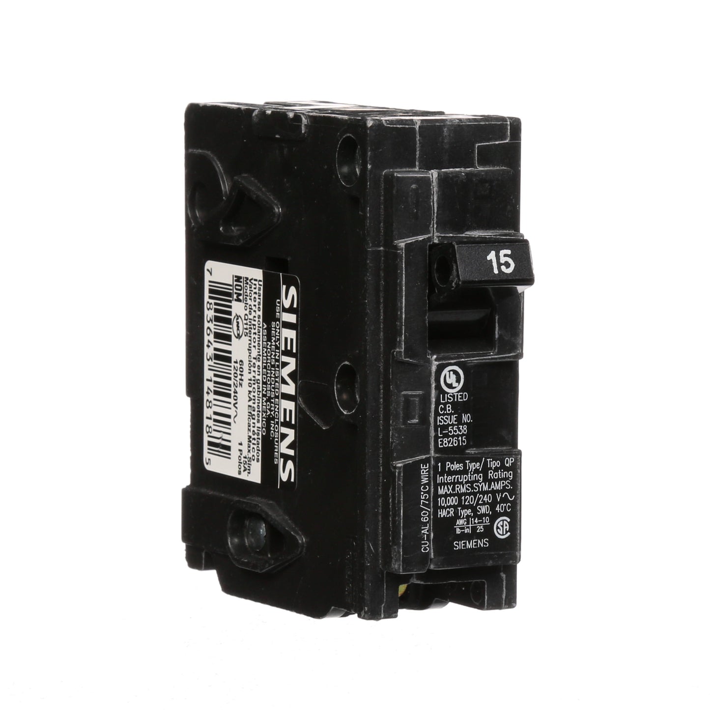 Siemens Q115 Circuit Breaker | 120VAC 15A 1P 10kA@120V Plug-In Q Series