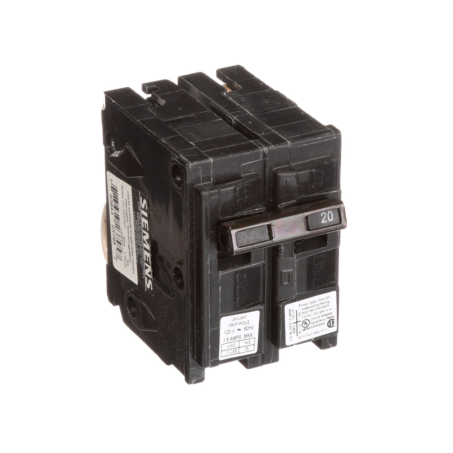 Siemens Q12000S01 Circuit Breaker | 120V 20A 1P 10kA@120V Plug-In Q Series