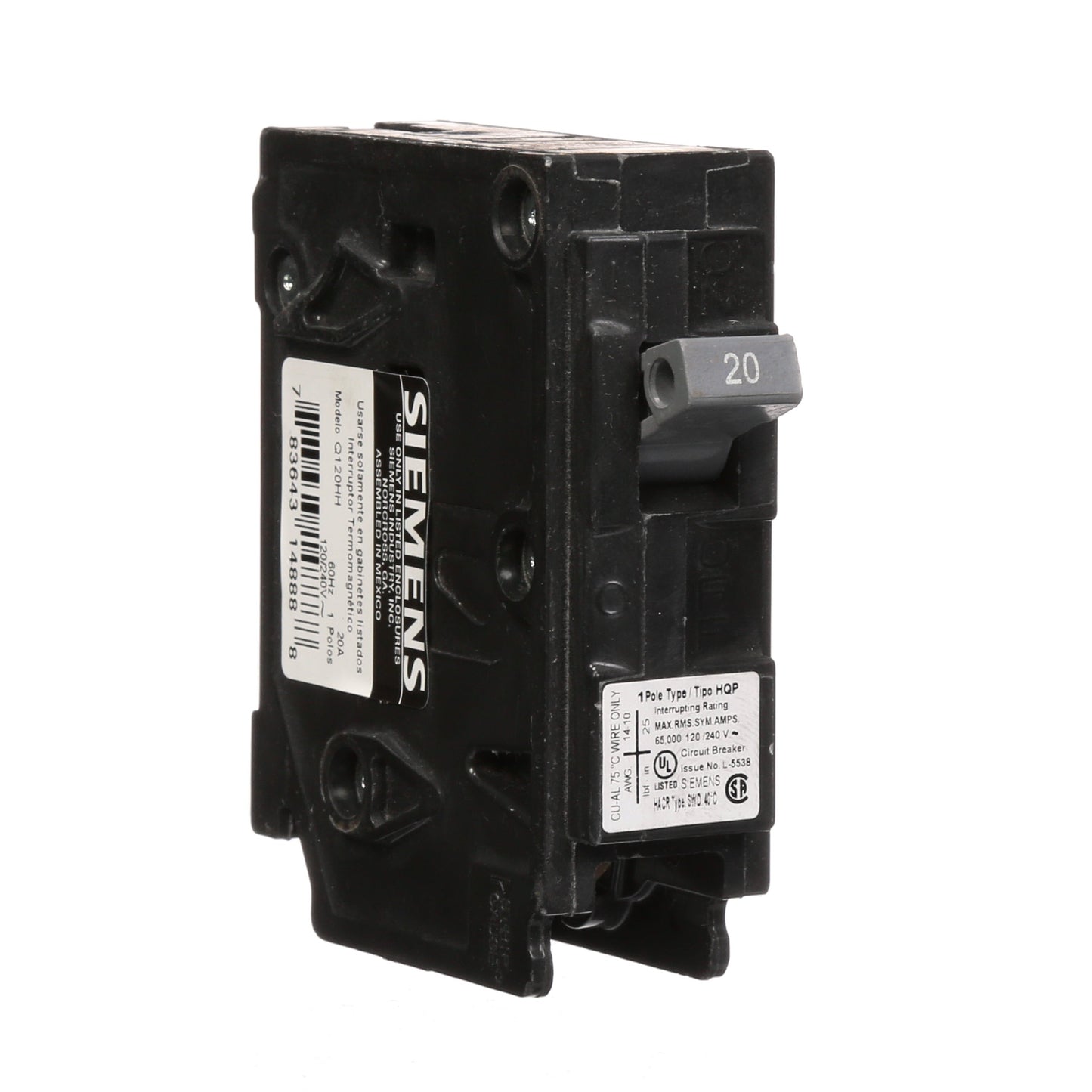 Siemens Q120HH Circuit Breaker | 120V 20A 1P 65kA@120V Plug-In Q Series