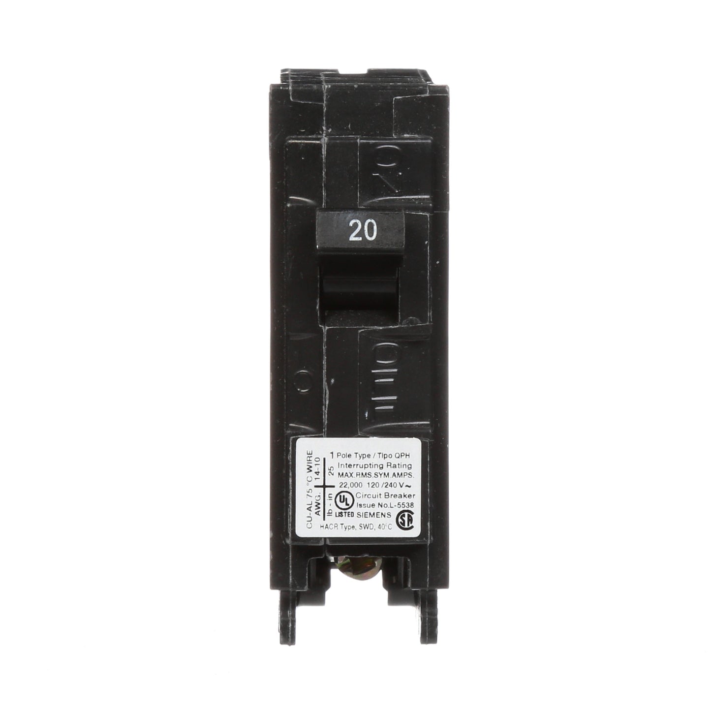 Siemens Q120H Circuit Breaker | 120V 20A 1P 22kA@120V Plug-In Q Series