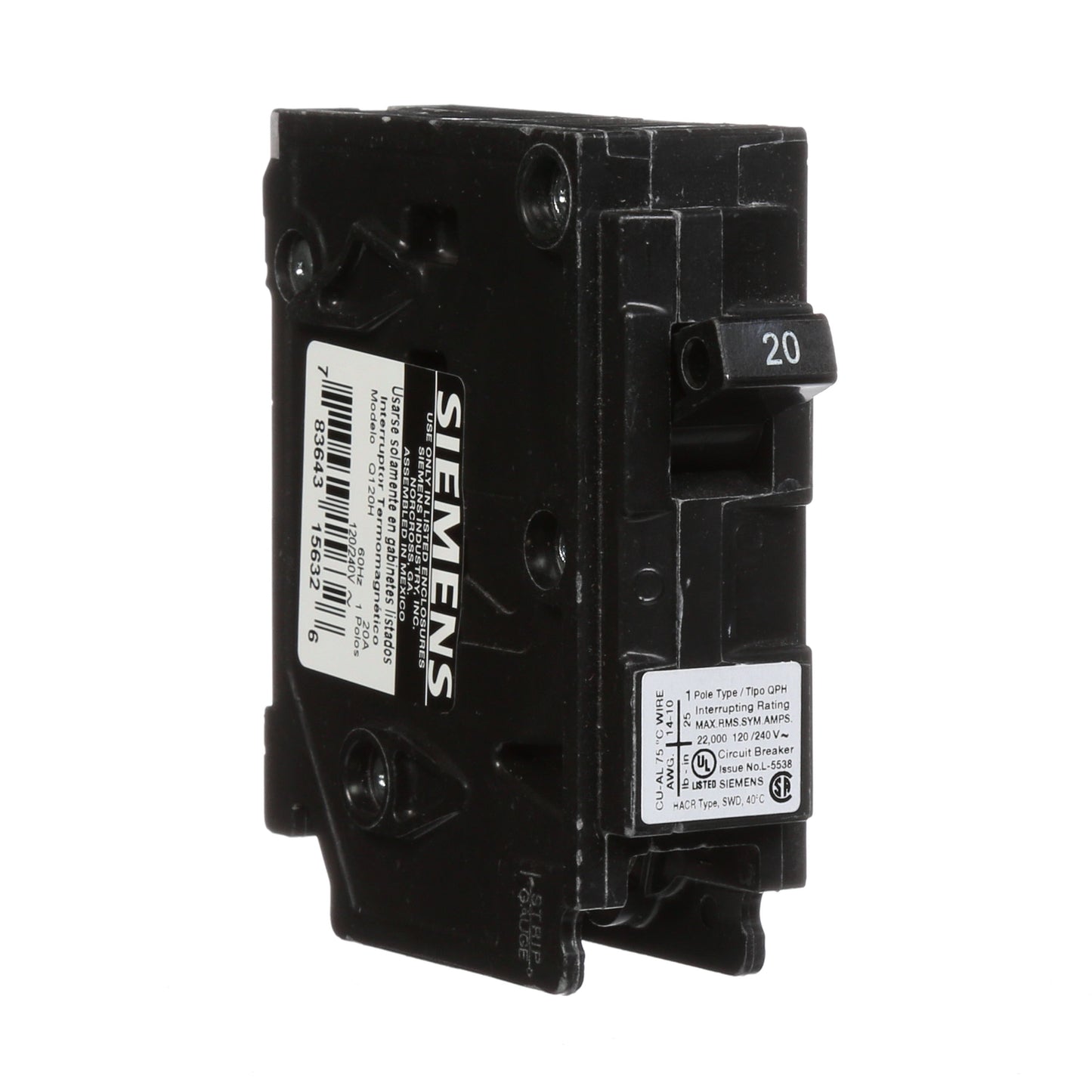 Siemens Q120H Circuit Breaker | 120V 20A 1P 22kA@120V Plug-In Q Series