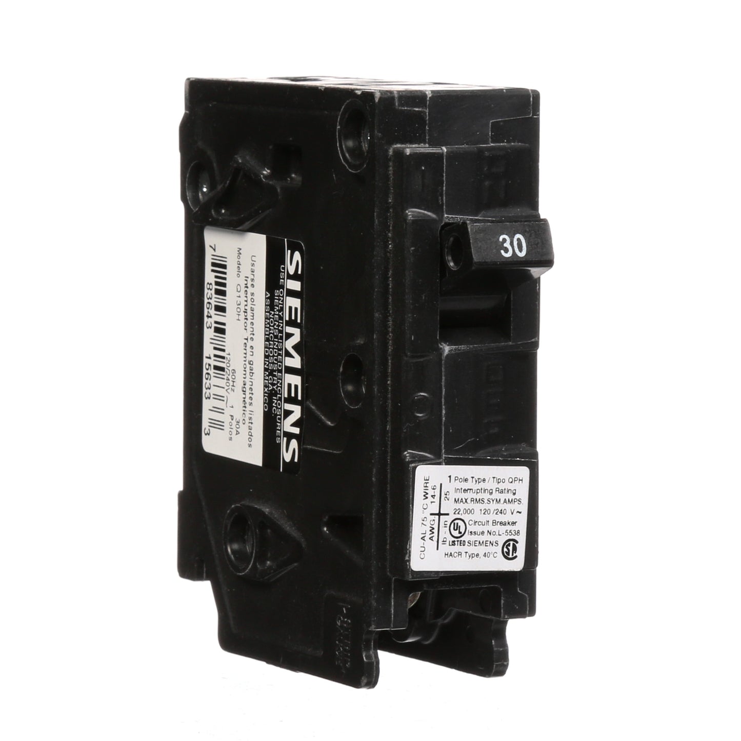Siemens Q130H Circuit Breaker | 120V 30A 1P 22kA@120V Plug-In Q Series