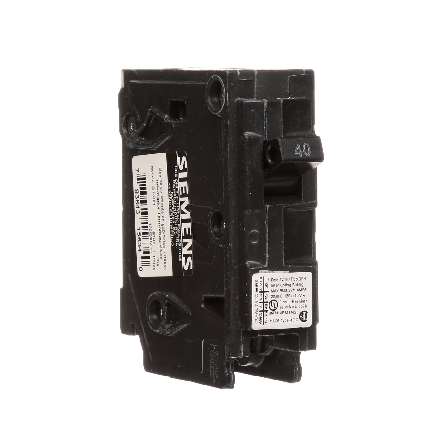 Siemens Q140H Circuit Breaker | 120V 40A 1P 22kA@120V Plug-In Q Series
