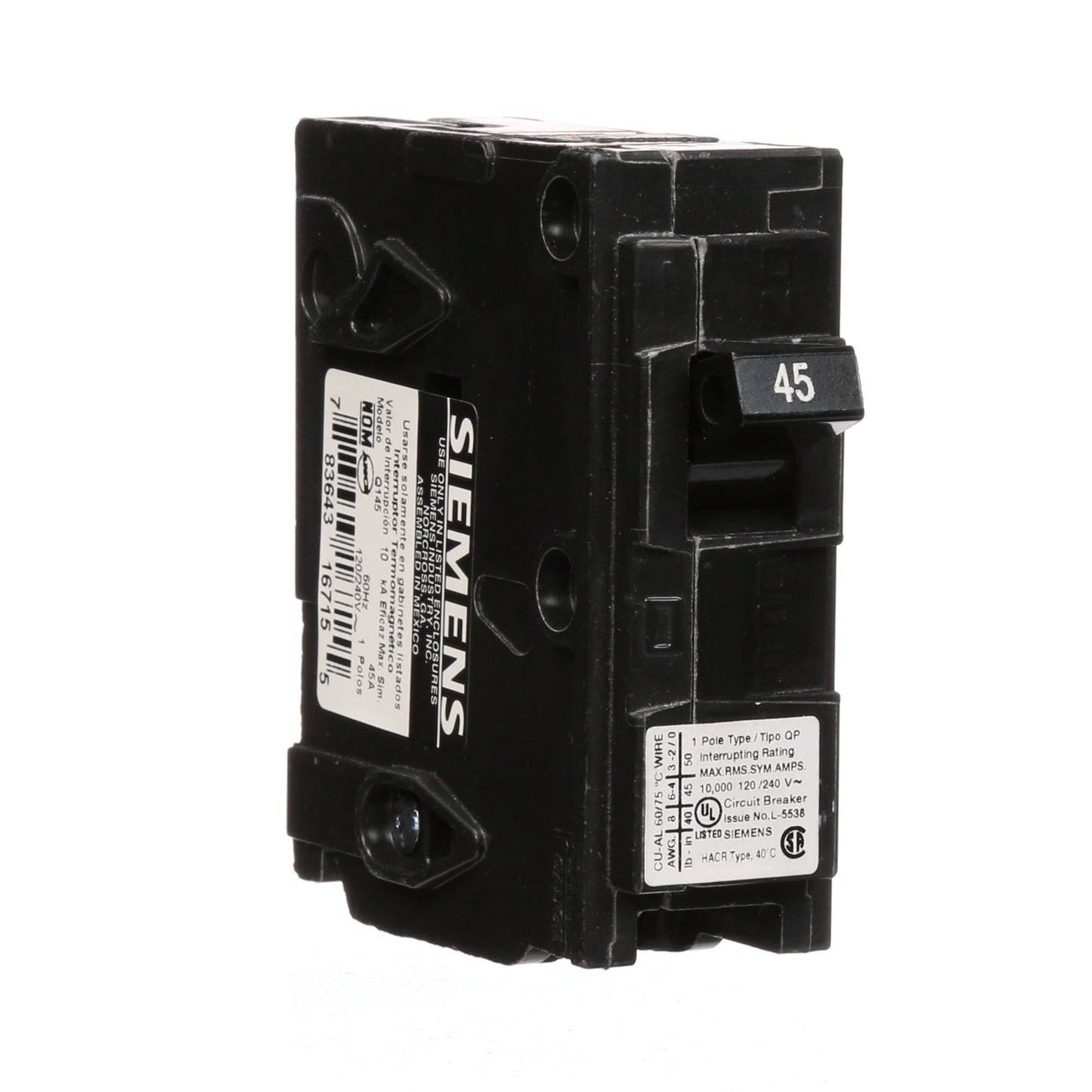 Siemens Q145 Circuit Breaker | 120V 45A 1 Pole 10kA@120V Plug-In Q Series