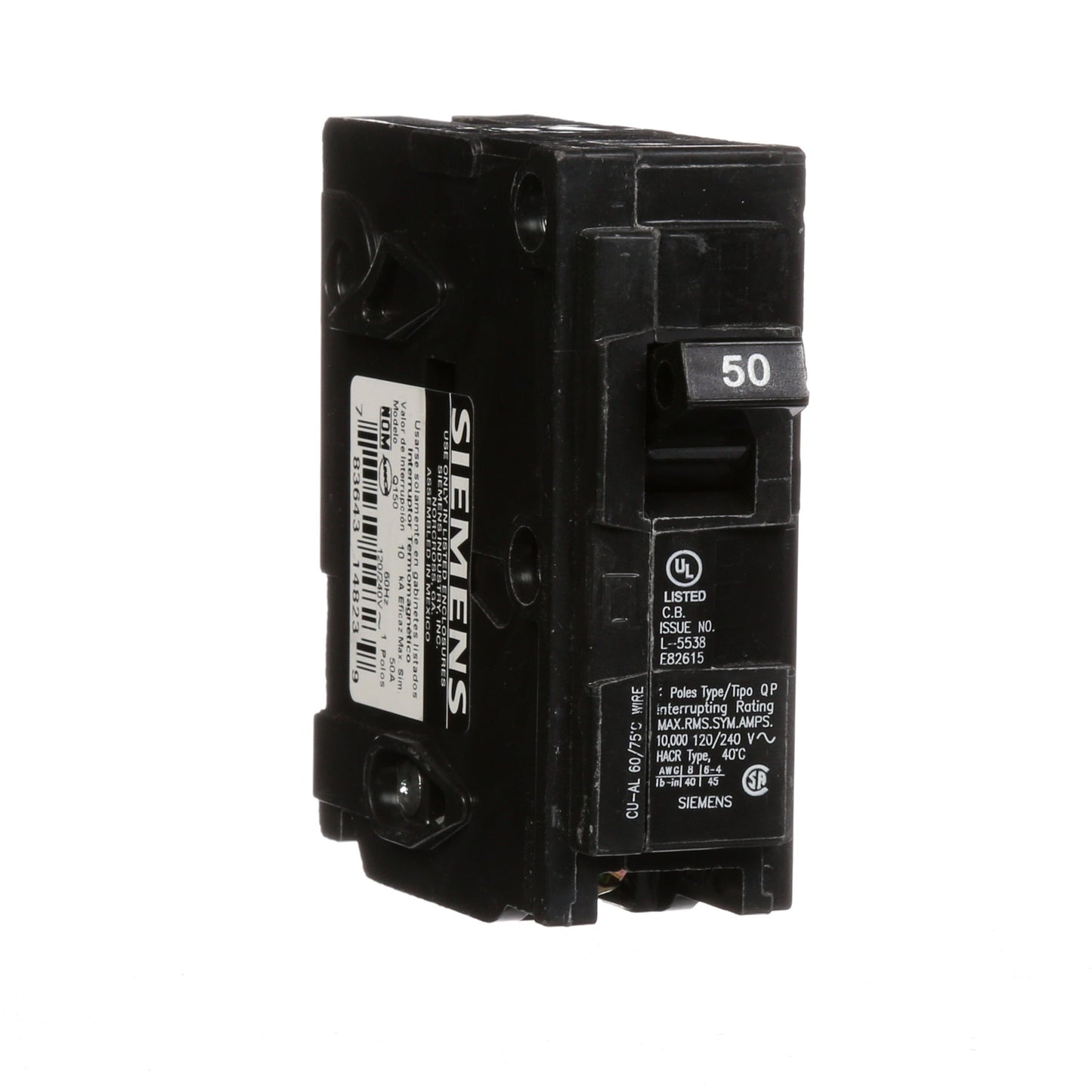 Siemens Q150 Circuit Breaker | 120VAC 50A 1P 10kA@120V Q Series