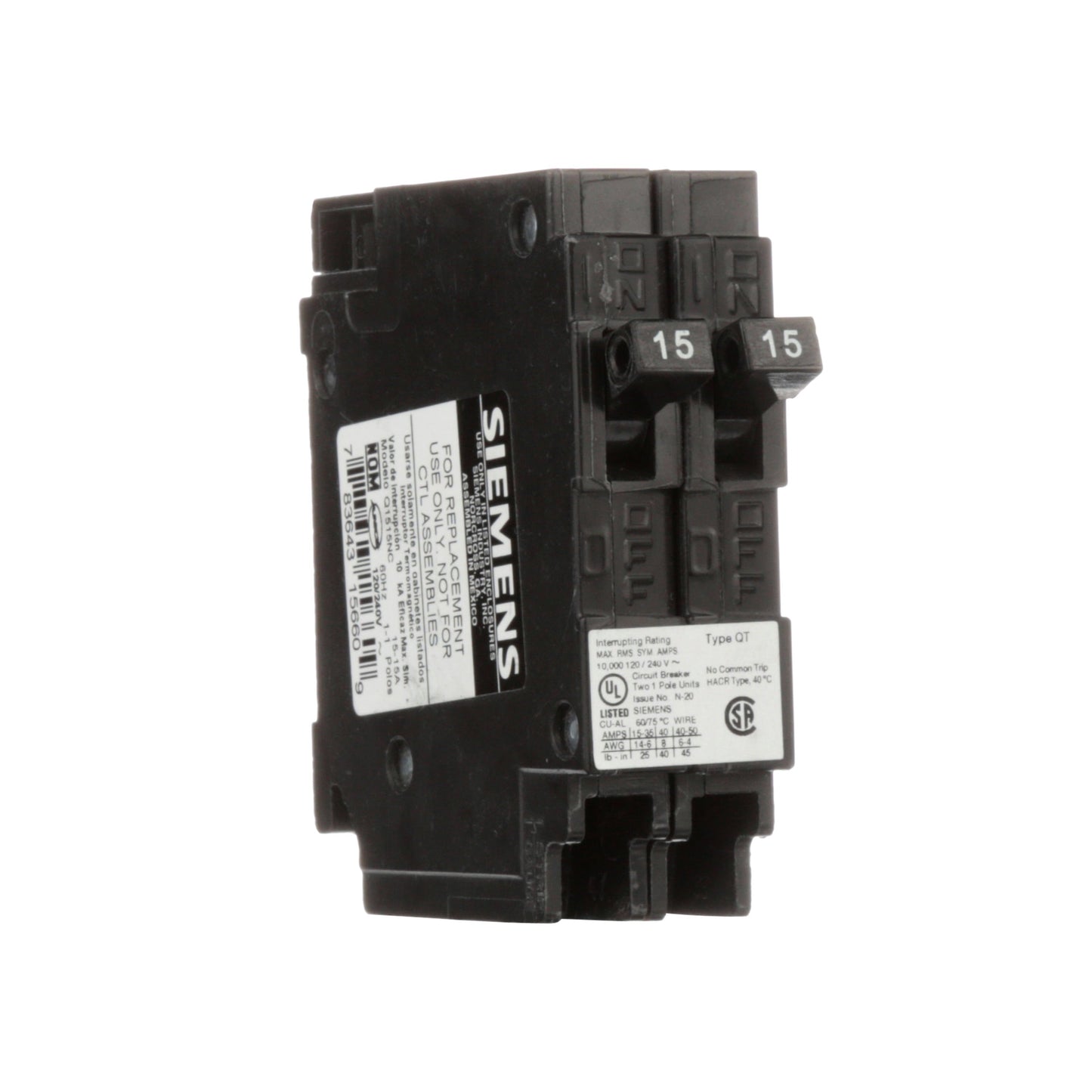 Siemens Q1515NC Circuit Breaker | 120V 15A 1P 10kA@240V Plug-In Q Series