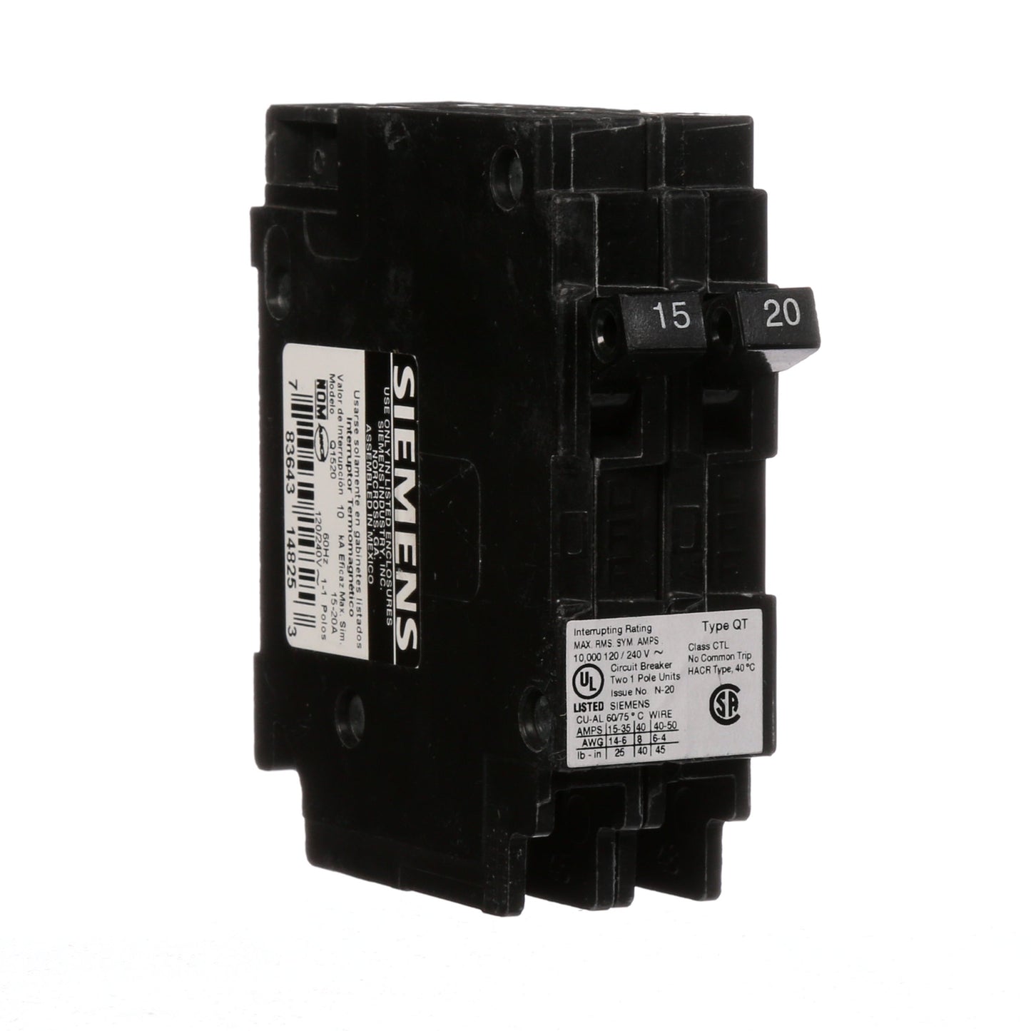 Siemens Q1520 Circuit Breaker | 120V 20A 1P Plug-In 10kA@240V Q Series