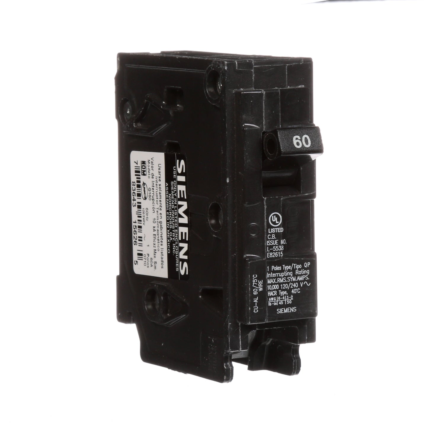 Siemens Q160 Circuit Breaker | 120V 60A 1P 10kA@120V Plug-In Q Series