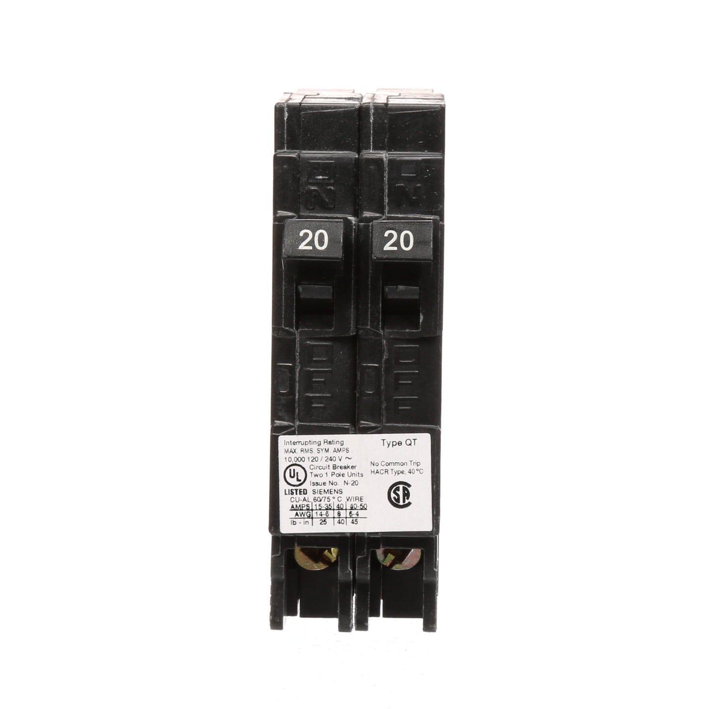 Siemens Q2020NC Circuit Breaker | 120/240V 20A 2P 10kA@240V Plug-In Q Series