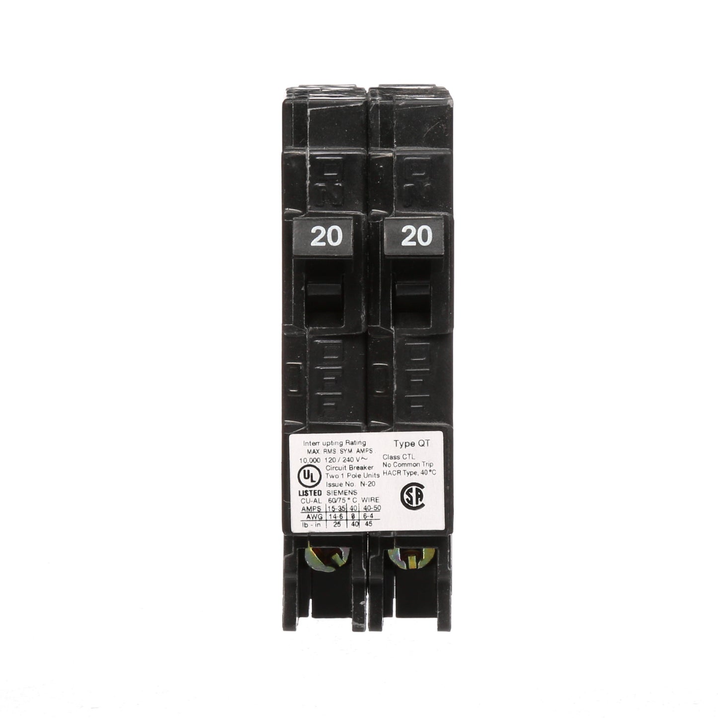 Siemens Q2020 Circuit Breaker | 120/240VAC 20A 2P 10kA@240V Plug-In Q Series