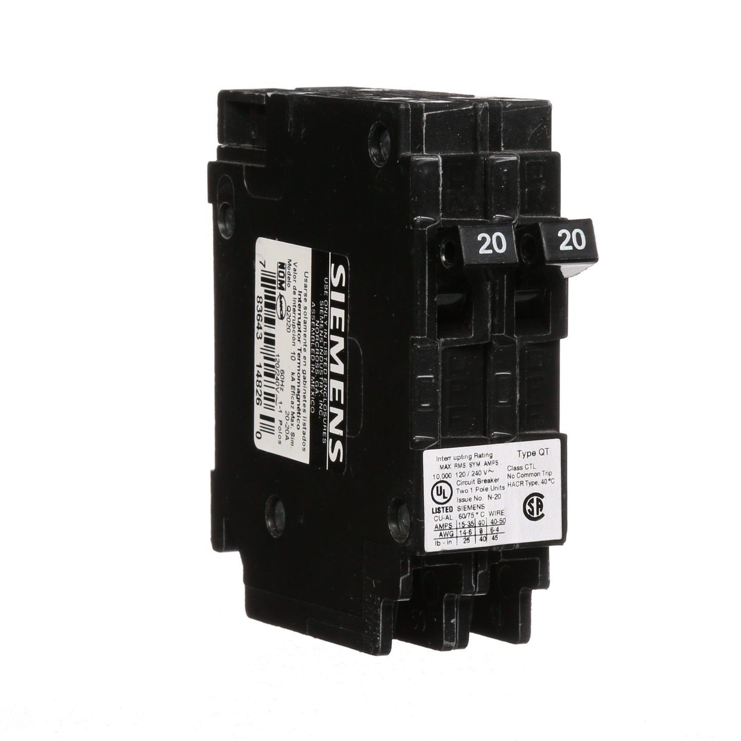 Siemens Q2020 Circuit Breaker | 120/240VAC 20A 2P 10kA@240V Plug-In Q Series