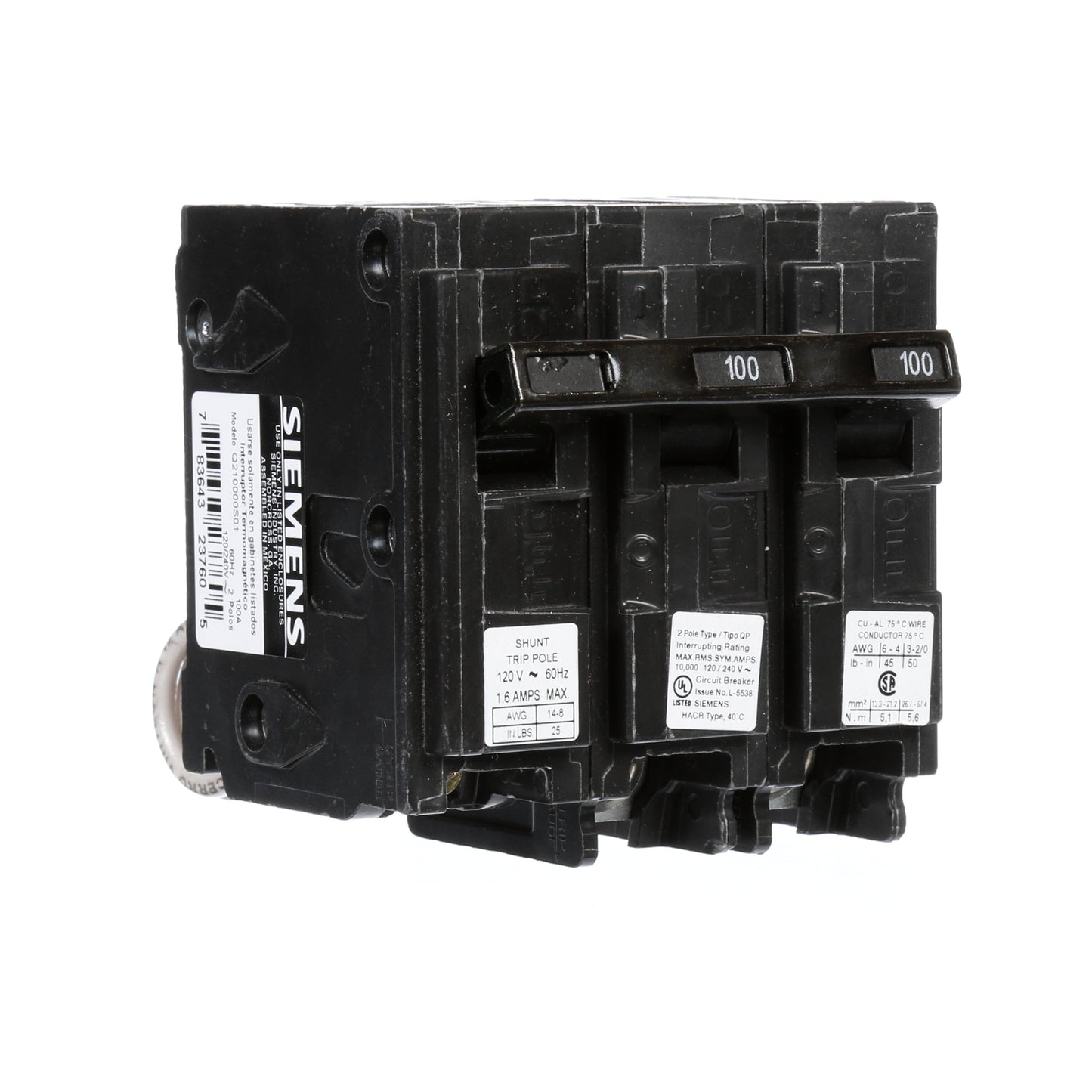 Siemens Q210000S01 Circuit Breaker | 240V 100A 2P 10kA@240V Plug-In Q Series
