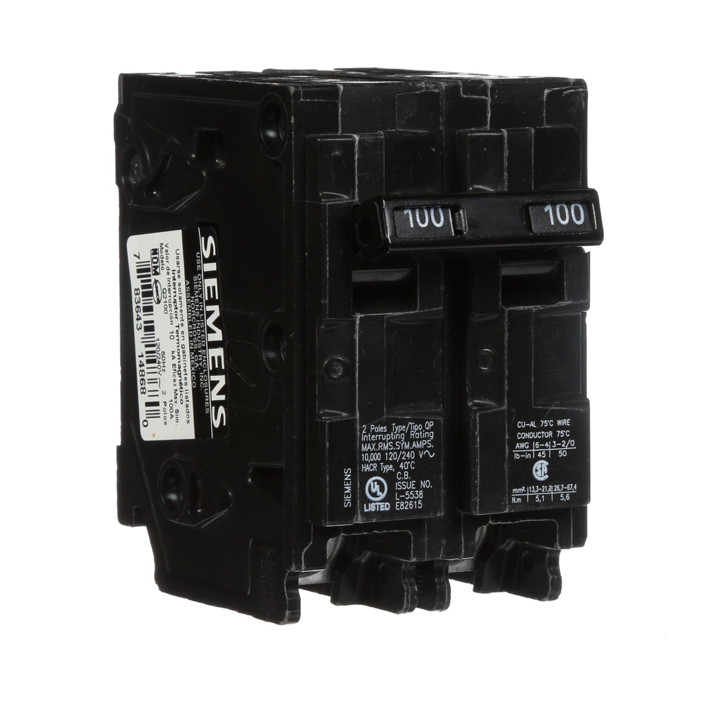 Siemens Q2100 Circuit Breaker | 120/240VAC 100A 2P 10kA@240V Q Series
