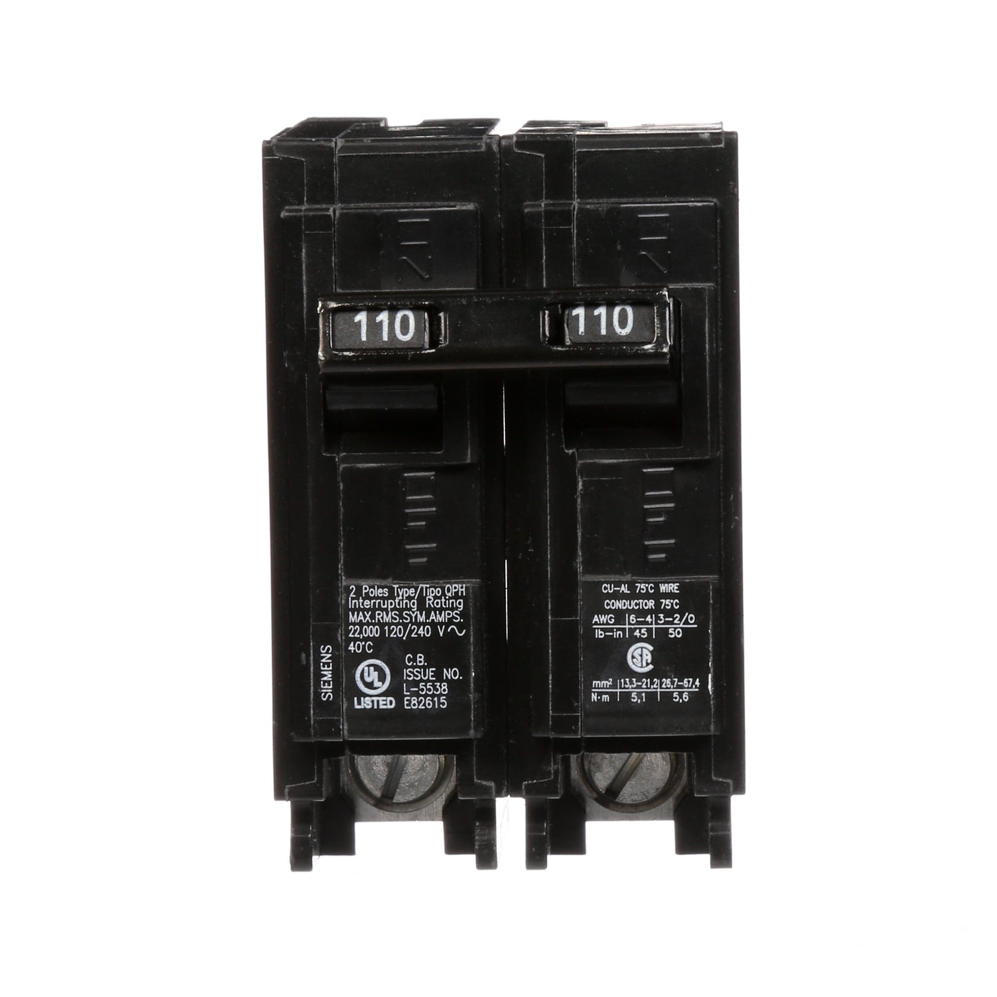 Siemens Q2110H Circuit Breaker | 240V 110A 2P 22kA@240V Plug-In Q Series