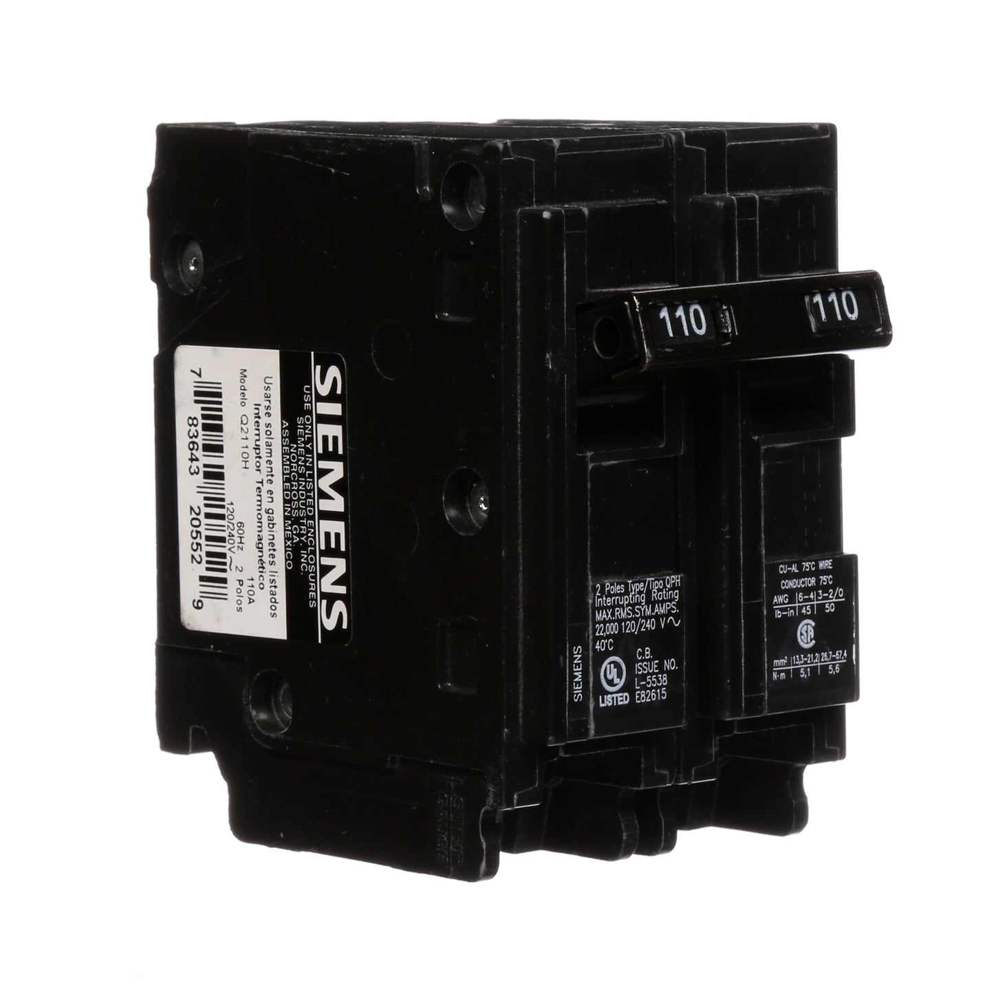 Siemens Q2110H Circuit Breaker | 240V 110A 2P 22kA@240V Plug-In Q Series