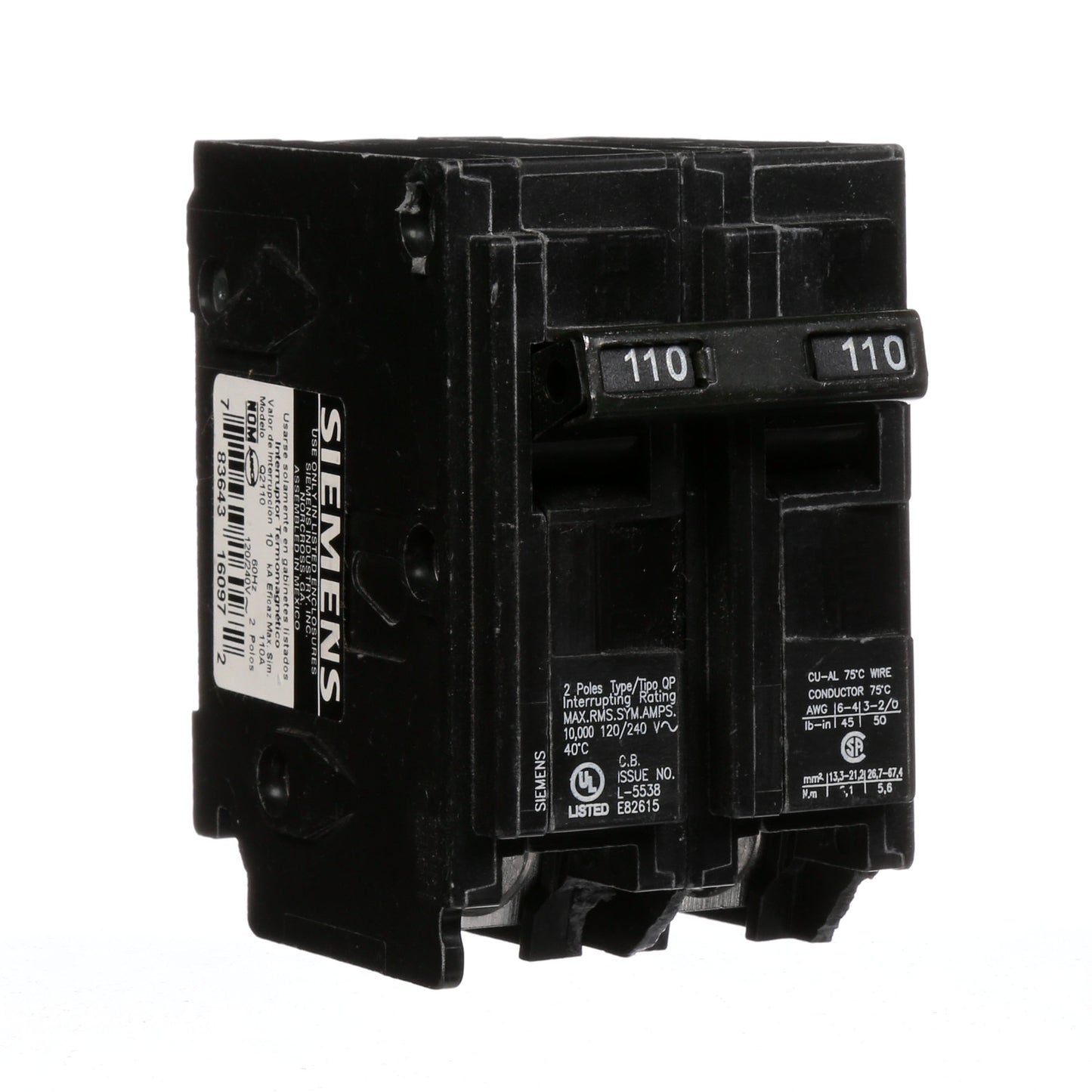 Siemens Q2110 Circuit Breaker | 240V 110A 2 Pole 10kA@240V Plug-In Q Series