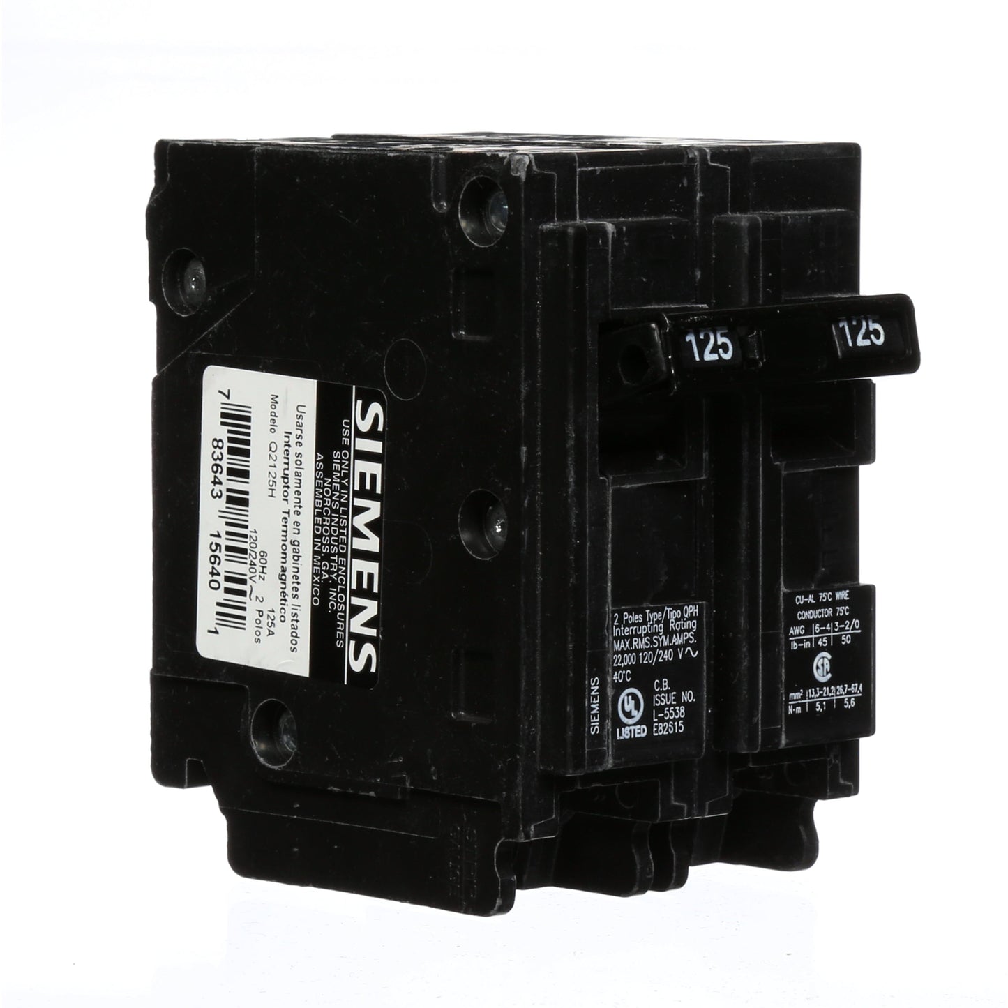 Siemens Q2125H Circuit Breaker | Q Series QPH 240V 125A
