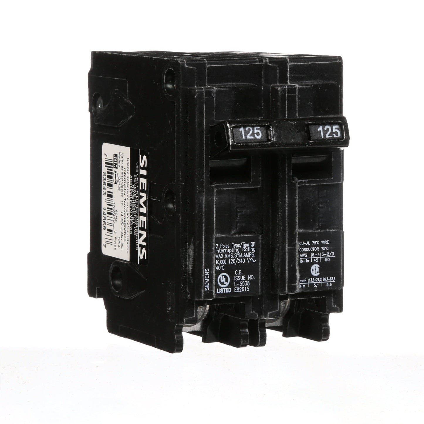 Siemens Q2125 Circuit Breaker | 120/240VAC 125A 2P 10kA@240V Plug-In Q Series