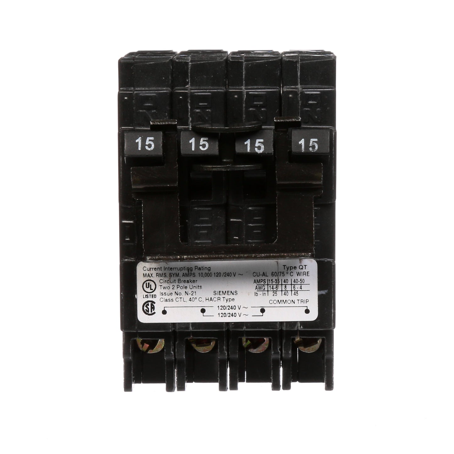Siemens Q21515CT2 Circuit Breaker | 240V 15A 2P 10kA@240V Plug-In Q Series
