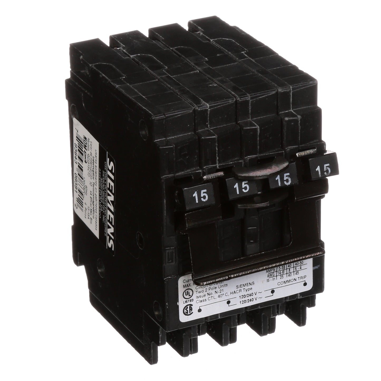 Siemens Q21515CT2 Circuit Breaker | 240V 15A 2P 10kA@240V Plug-In Q Series