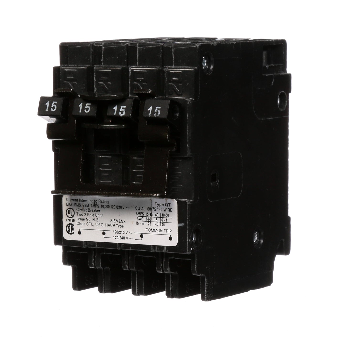 Siemens Q21515CT2 Circuit Breaker | 240V 15A 2P 10kA@240V Plug-In Q Series