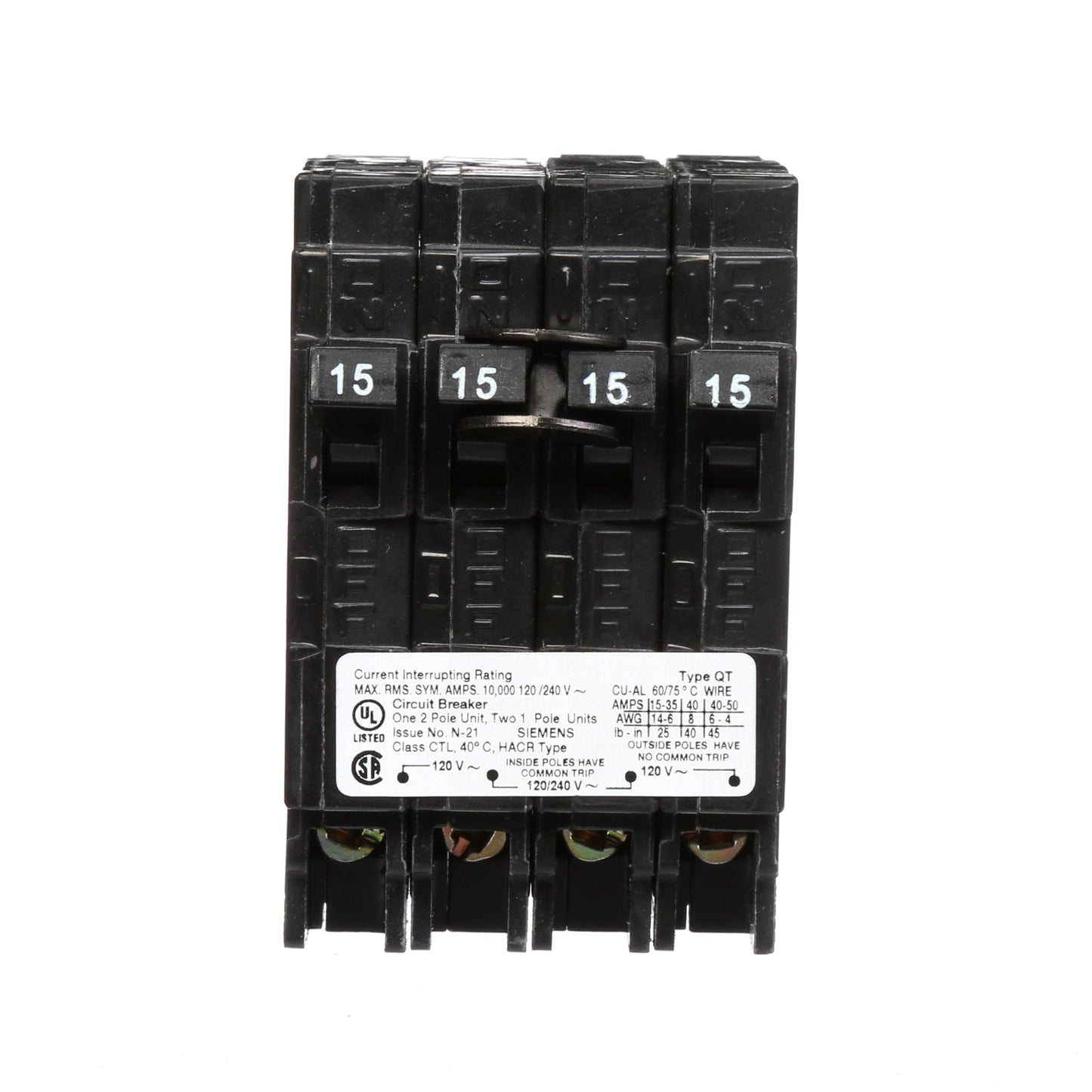 Siemens Q21515CT Circuit Breaker | 240V 15A 2P Plug-In 10kA@240V Q Series