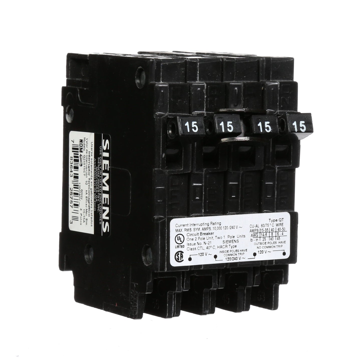 Siemens Q21515CT Circuit Breaker | 240V 15A 2P Plug-In 10kA@240V Q Series