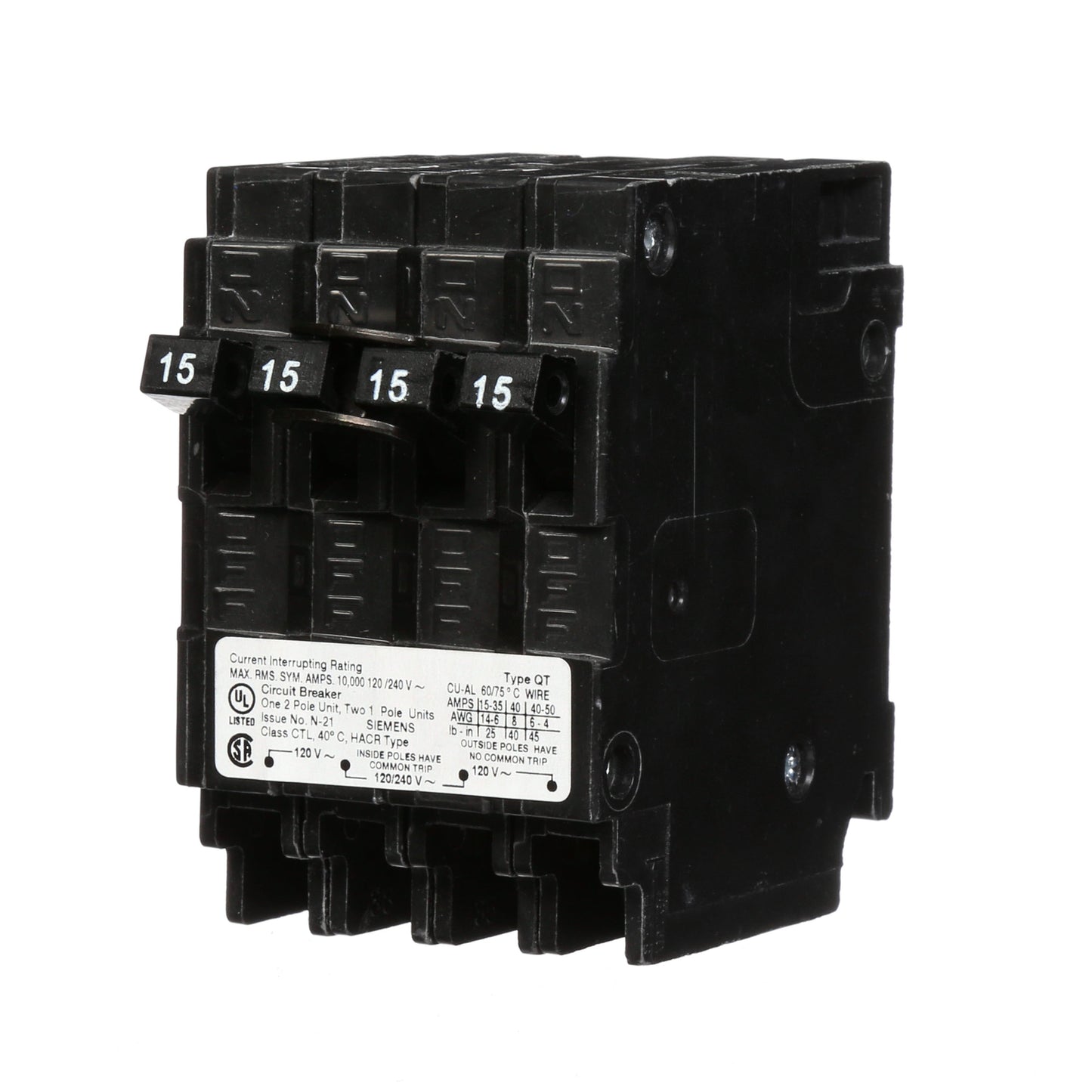 Siemens Q21515CT Circuit Breaker | 240V 15A 2P Plug-In 10kA@240V Q Series