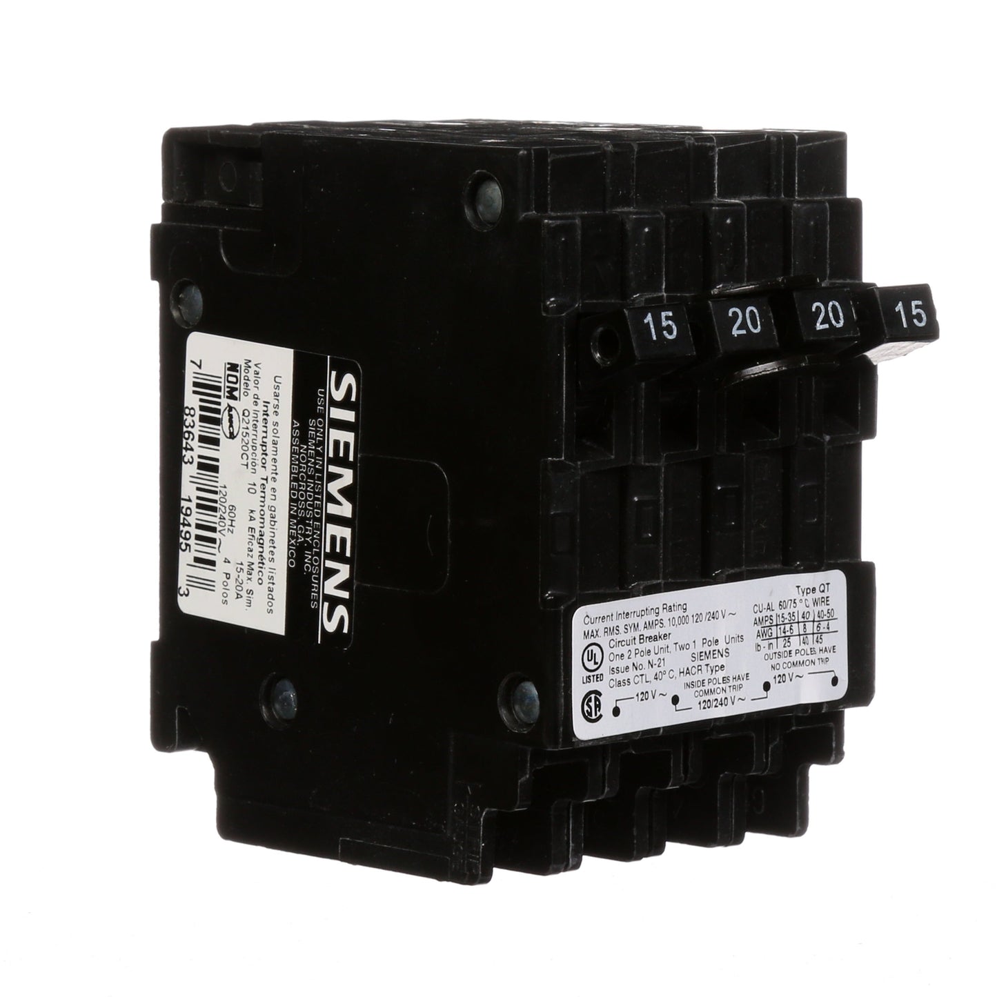 Siemens Q21520CT Circuit Breaker | 240V 20A 2P 10kA@240V Plug-In Q Series