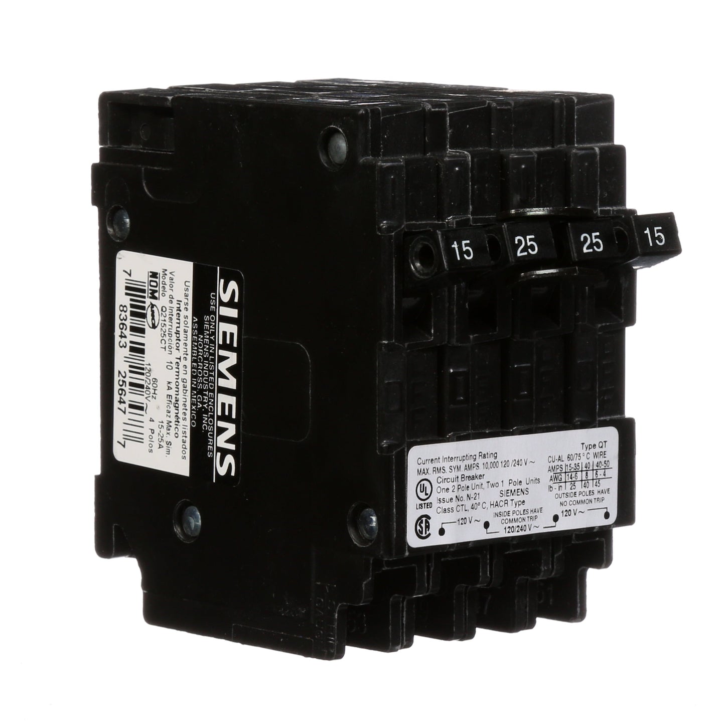 Siemens Q21525CT Circuit Breaker | 240V 25A 2P 10kA@240V Plug-In Q Series