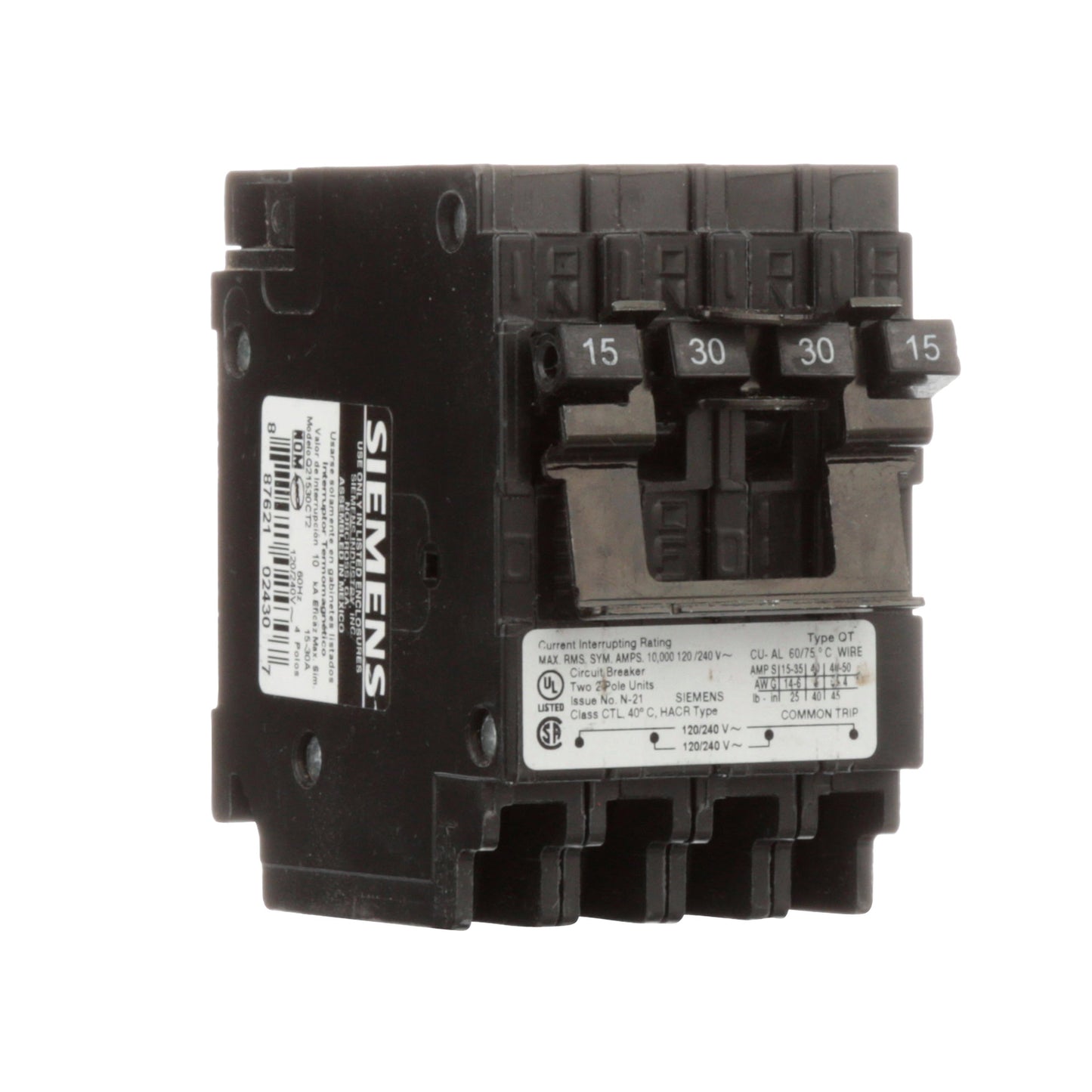 Siemens Q21530CT2 Circuit Breaker | 240V 30A 2P 10kA@240V Plug-In Q Series