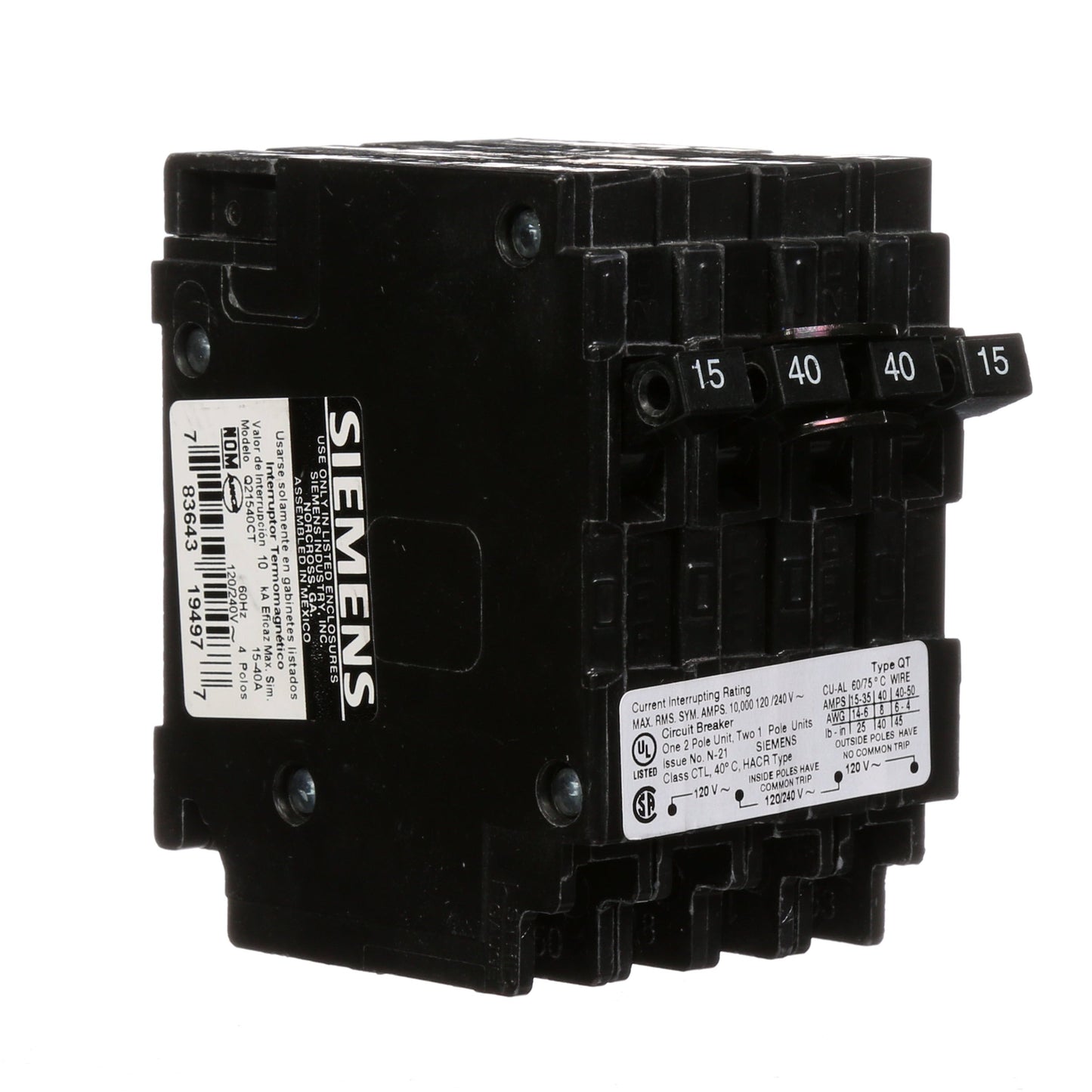Siemens Q21540CT Circuit Breaker | 240V 40A 2P 10kA@240V Plug-In Q Series