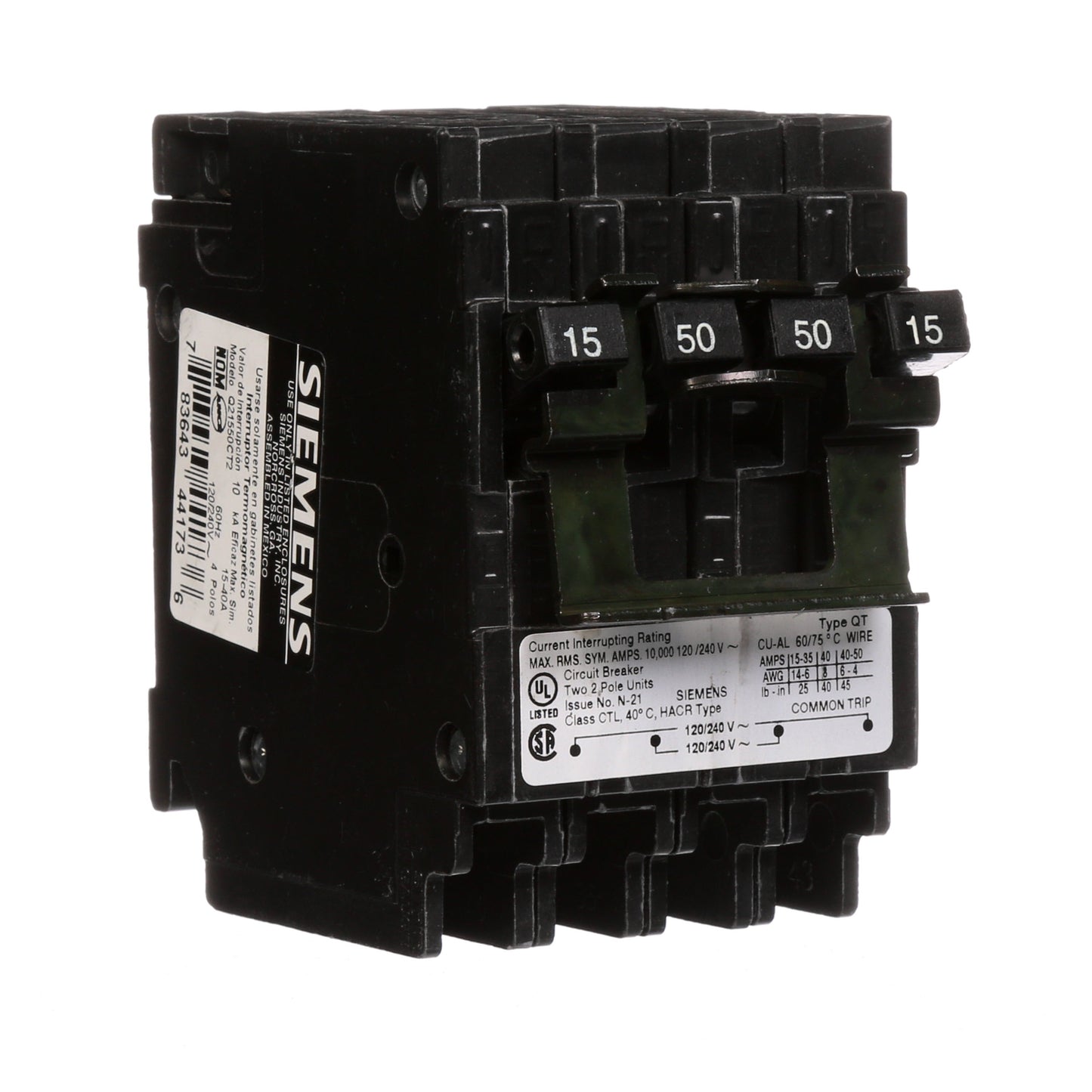 Siemens Q21550CT2 Circuit Breaker | 240V 50A 2P 10kA@240V Plug-In Q Series
