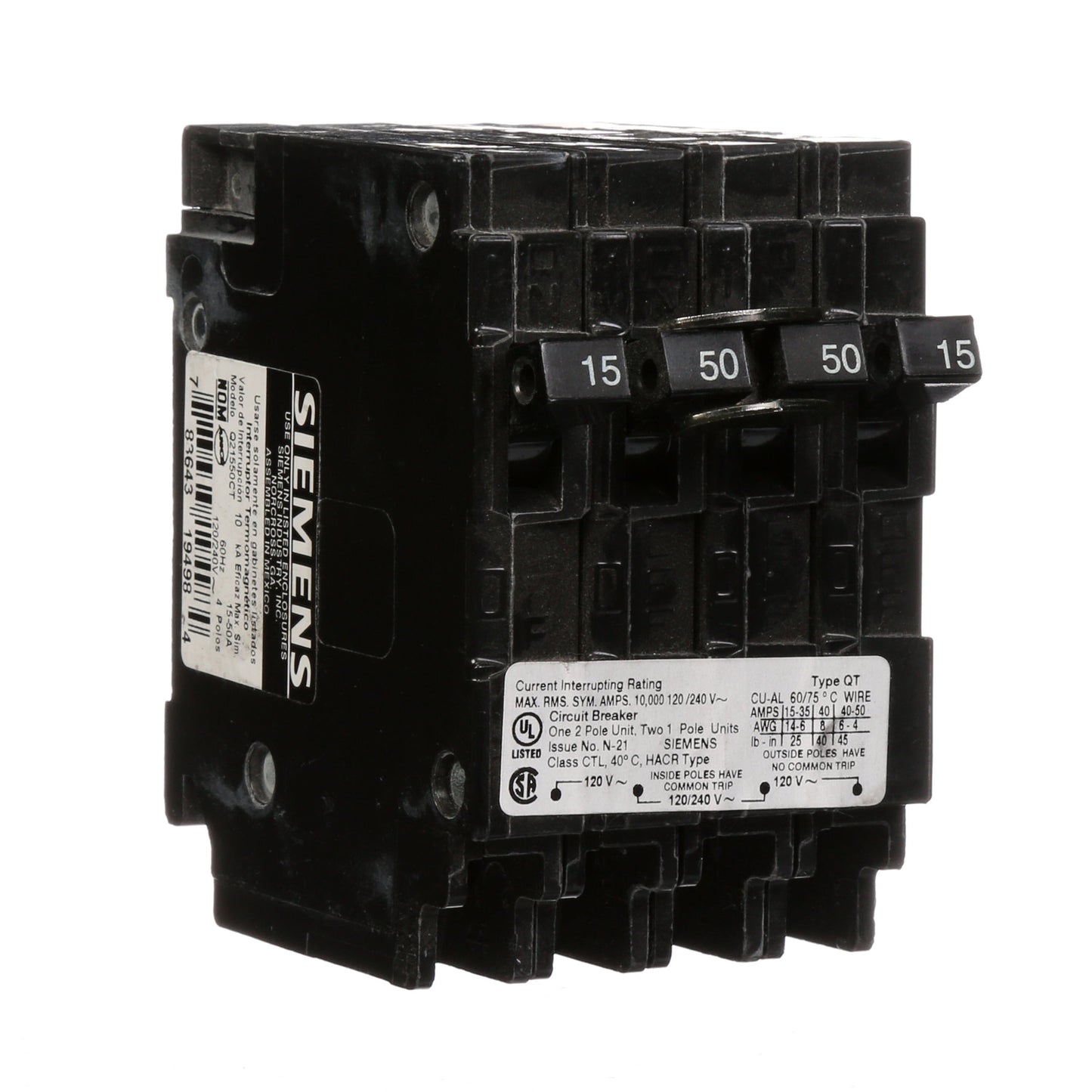 Siemens Q21550CT Circuit Breaker | 240V 50A 2P 10kA@240V Plug-In Q Series