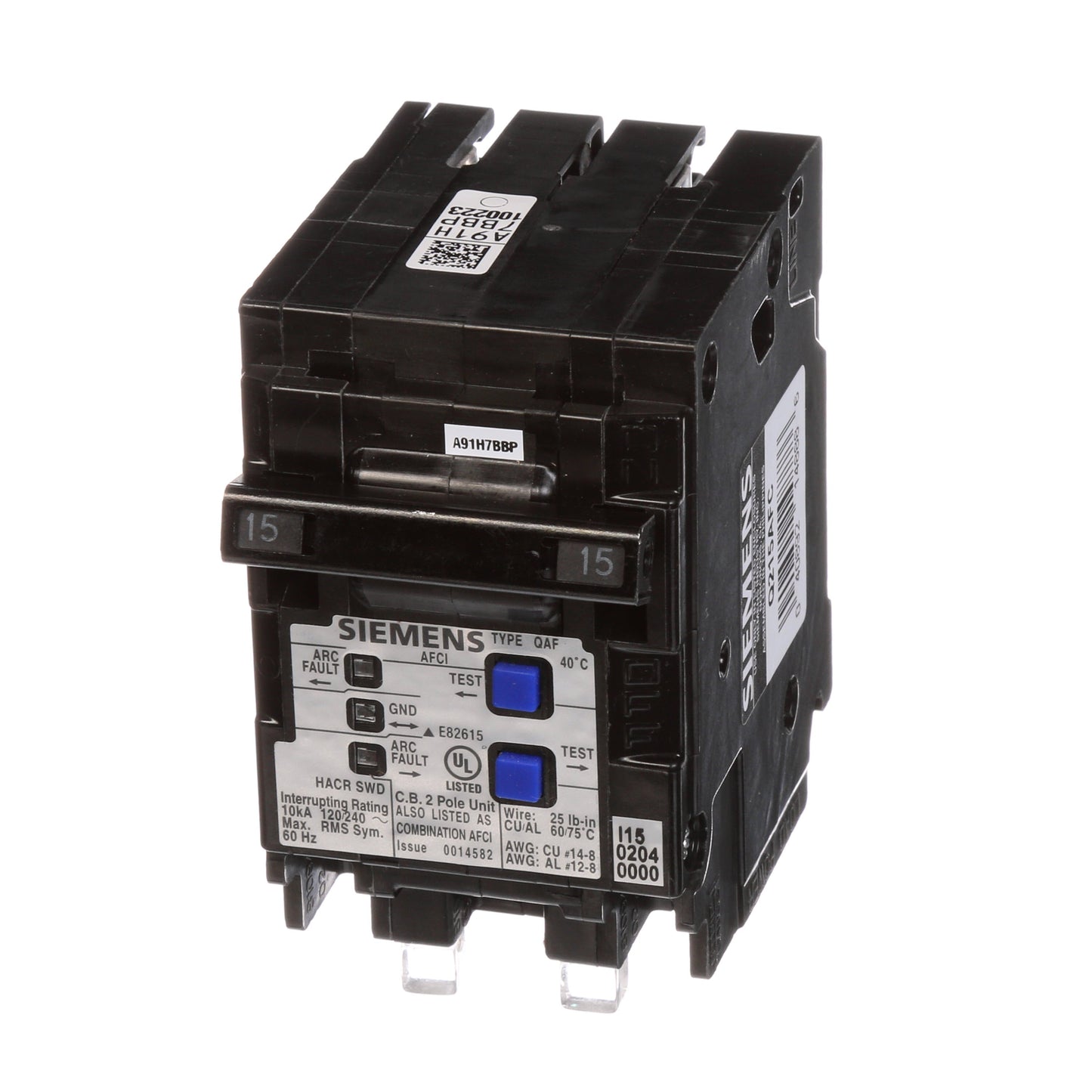 Siemens Q215AFC Circuit Breaker | 240V 15A 2P 10kA@240V Plug-In Q Series